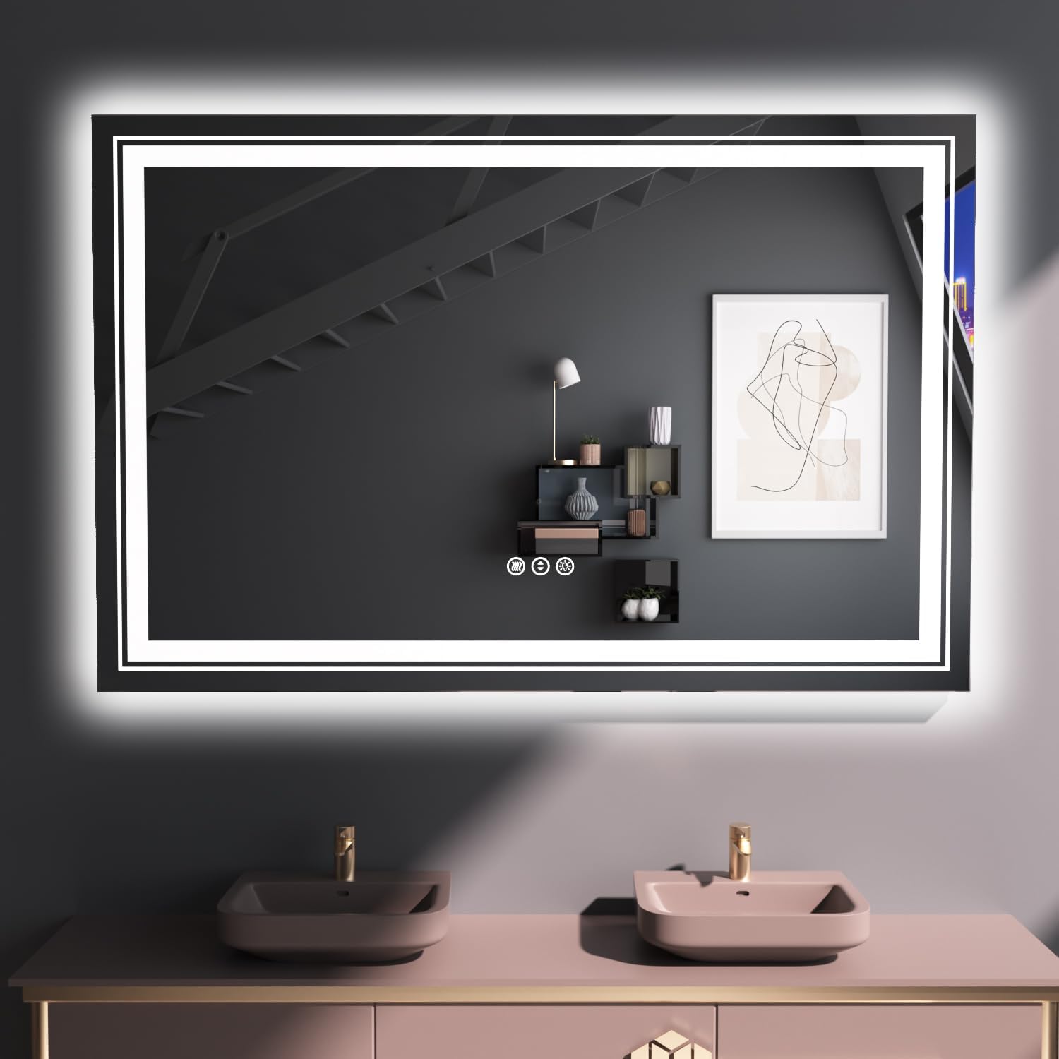 Snowdool 48X30 Front And Backlit Mirror Bathroom Led Mirror, Anti-Fog Bathroom Mirror With Lights, Stepless Dimmable, 3 Colors L