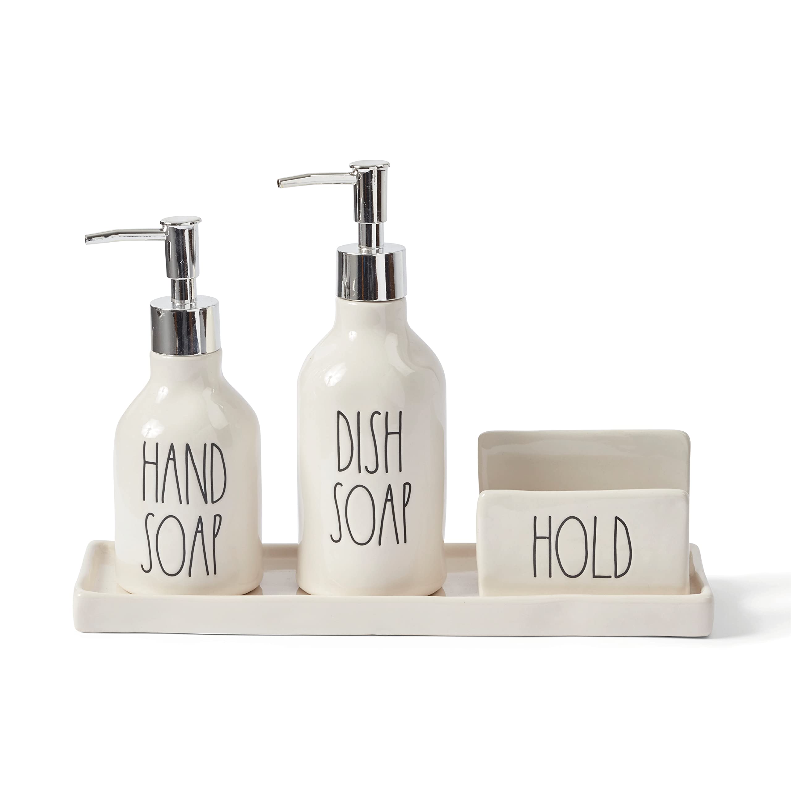 Rae Dunn Kitchen-Sink Soap Dispenser Set, Hand Soap And Dish Soap Dispenser For Kitchen With Sponge Holder And Tray