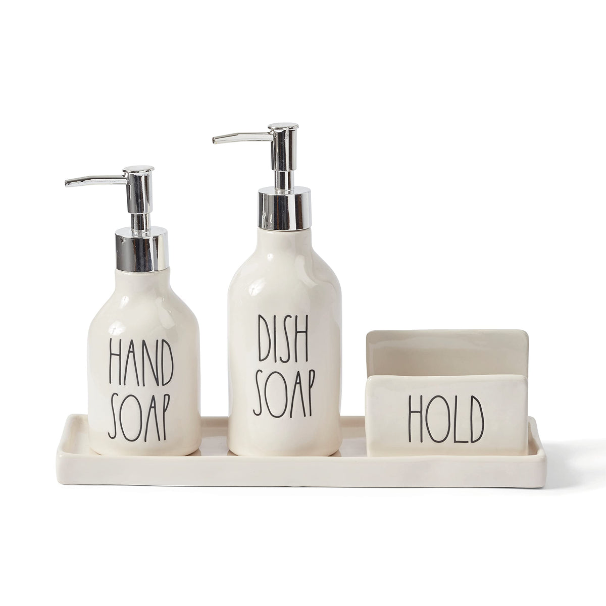 Rae Dunn Kitchen-Sink Soap Dispenser Set, Hand Soap And Dish Soap Dispenser For Kitchen With Sponge Holder And Tray