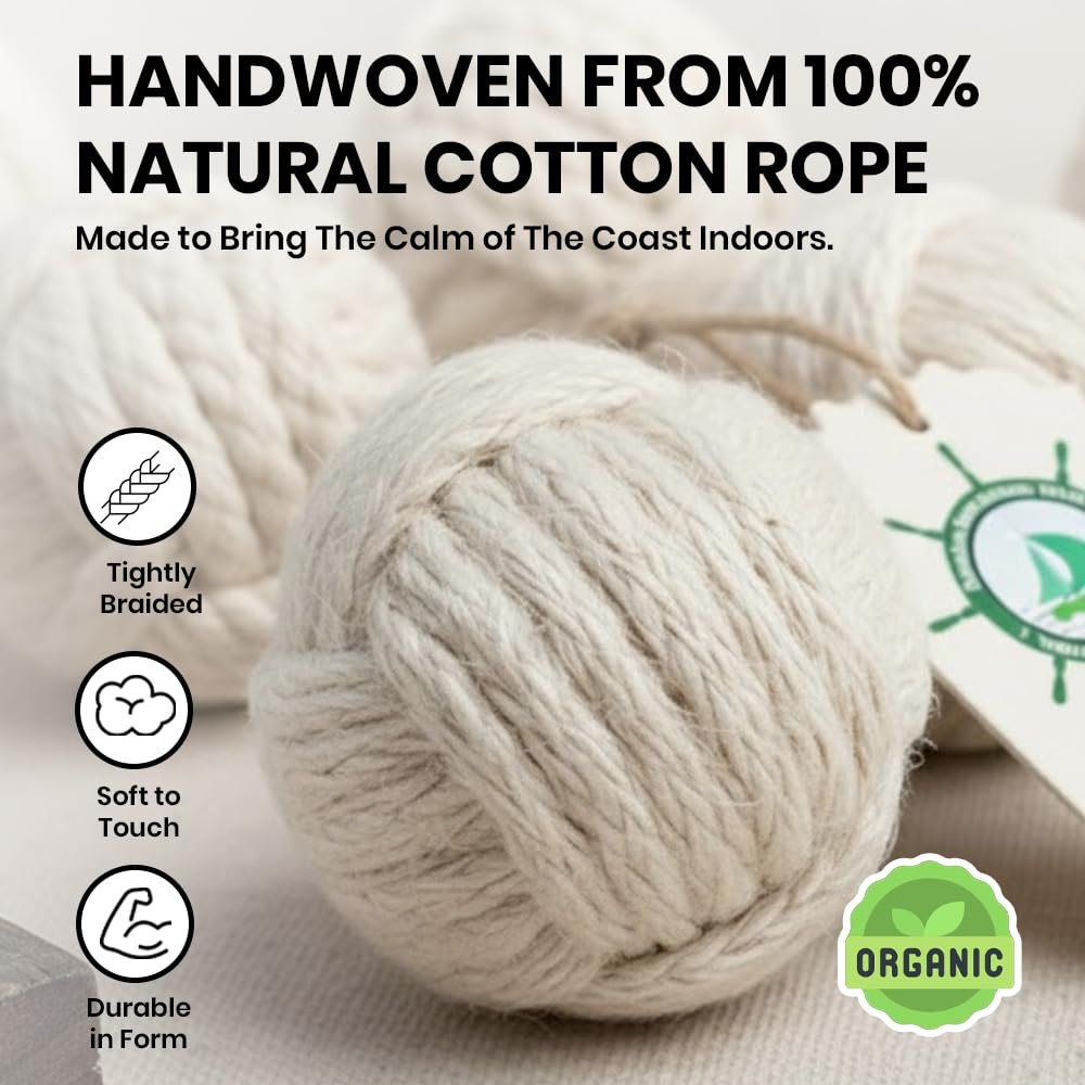 Set of 6 Cotton Rope Balls - Decorative Nautical Accents - for Vase Fillers, DIY Crafts, Rustic Living Room Decor - Handmade Kno