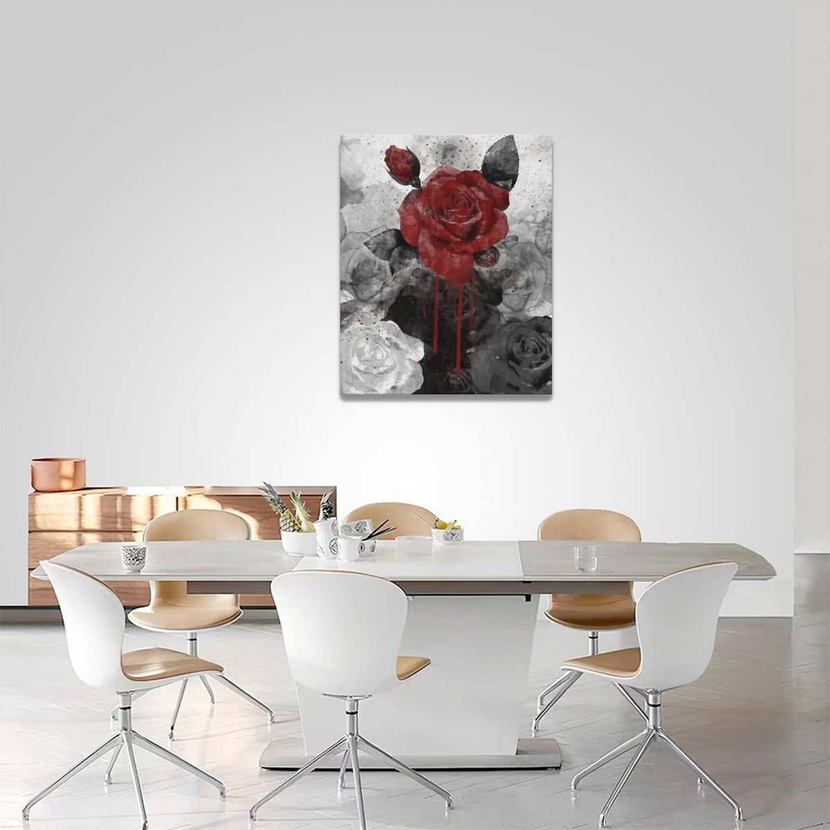 Vintage Rose Painting Canvas Wall Art, Retro Black And White Red Rose ...