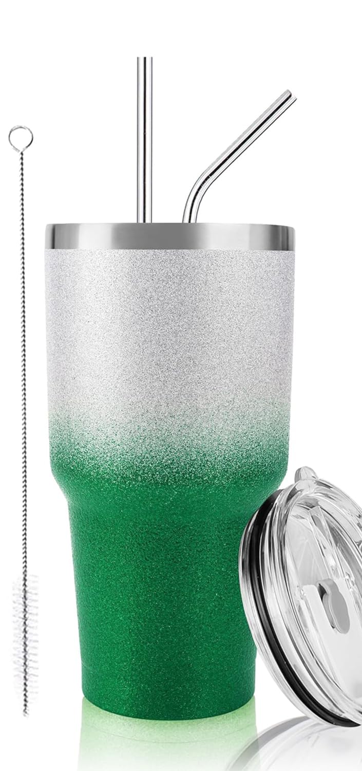 Ds 30 Oz Tumbler Christmas Green Glitter Gradient Cup Stainless Steel Double Wall Vacuum Insulated Mug With Straw And Lid, Clean