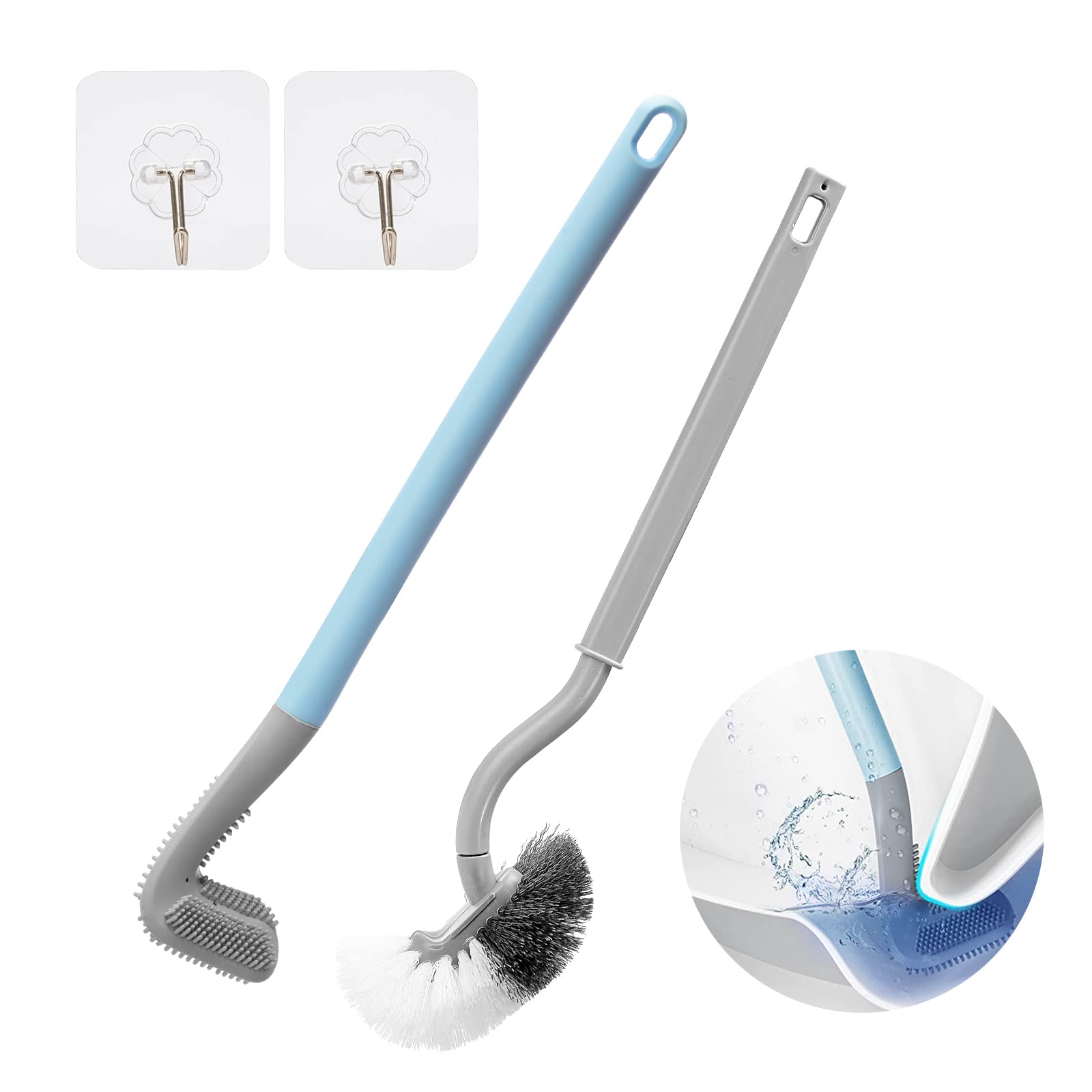 2Pcs Toilet Brush, Slim Compact Bathroom Toilet Scrubber No Dead Corners Silicone Toilet Brush, Curved Design Angled Toilet Clea
