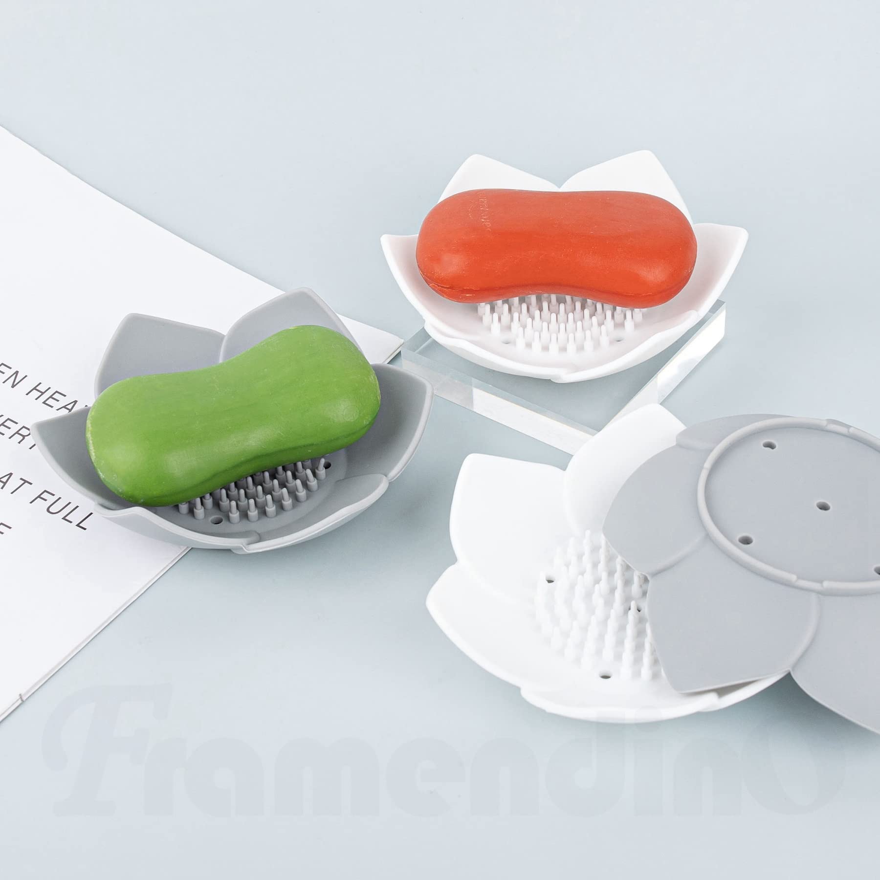 Framendino, 4 Pack Silicone Soap Dishes, Flexible Non-Slip Floral Shaped Design Self-Draining Sponge Bar Soap Holder Flower Shap