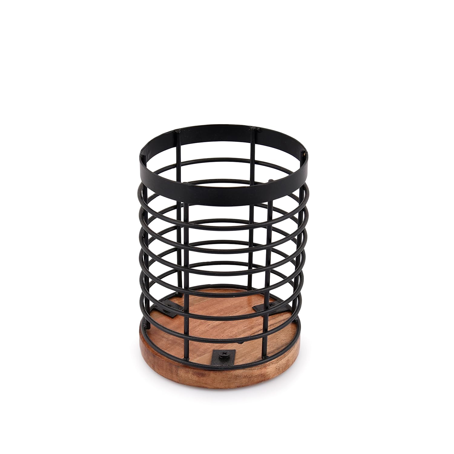 Edhas Black Iron Kitchen Utensil Holder With Acacia Wooden Base Round Flatware Storage For Countertop (4.5'' X 4.5'' X 6'')