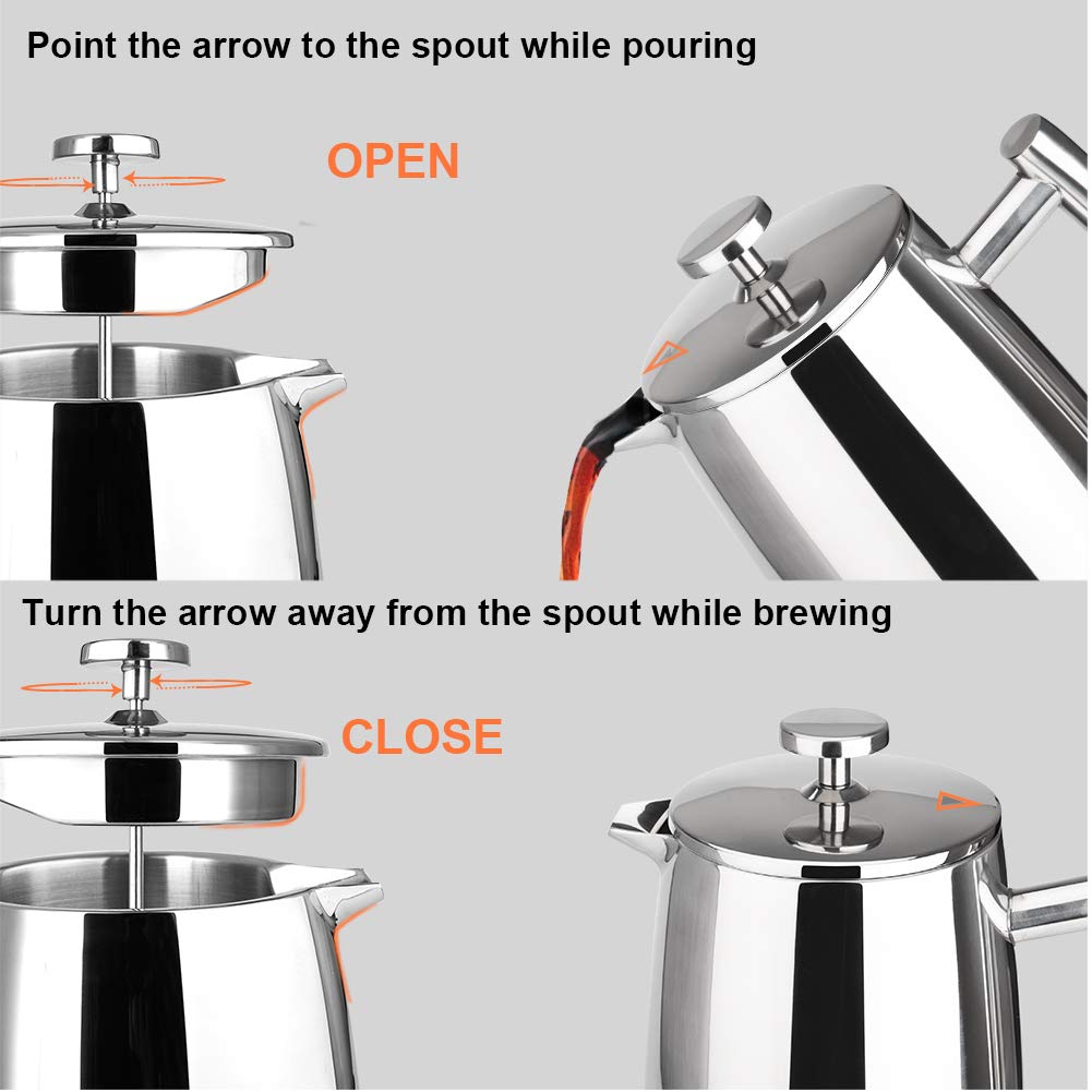 Secura French Press Coffee Maker, 34-Ounce, Stainless Steel, Silver, Model SFP-34DSC-A, Insulated with Extra Screen