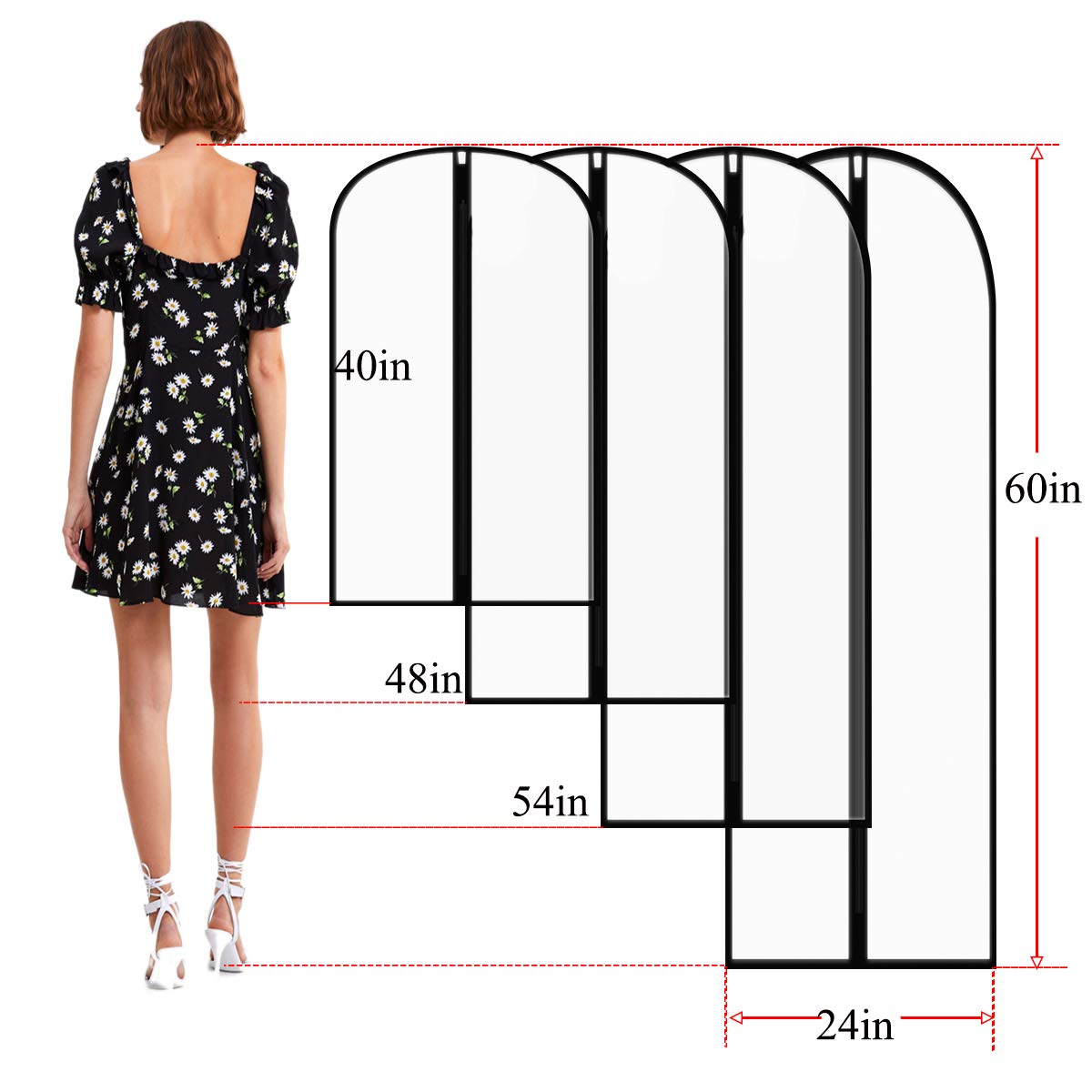 homeminda Extra Long Dress Garment Bags 60in Clear Hanging Lightweight Breathable Dust Proof Cover with Study Full Zipper for Storage Clothes and Travel Pack of 6