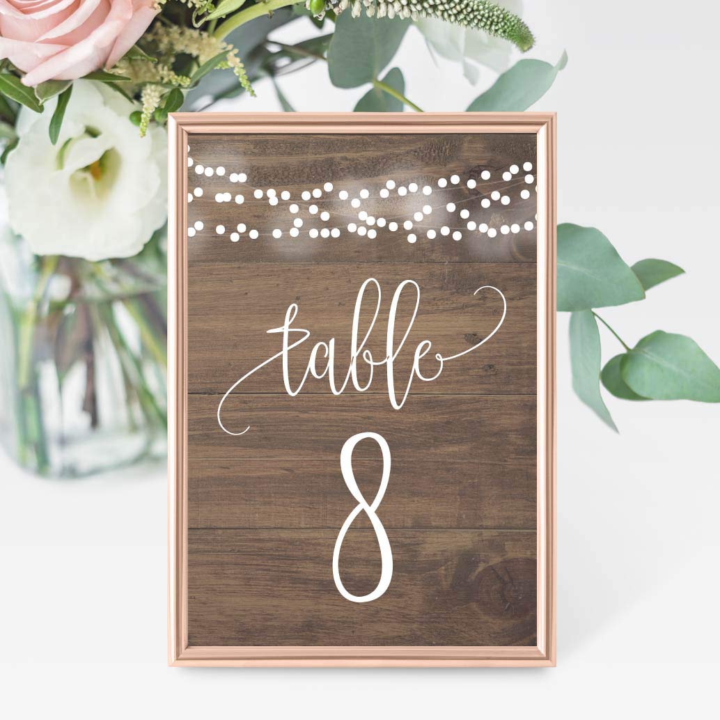 Hadley Designs 1-25 Rustic Wood Lights Table Number Double Sided Signs For Wedding Reception  Restaurant  Birthday Party Calligraphy Printed Numbered Card Centerpiece Reusable Frame Stand 4x6 Size