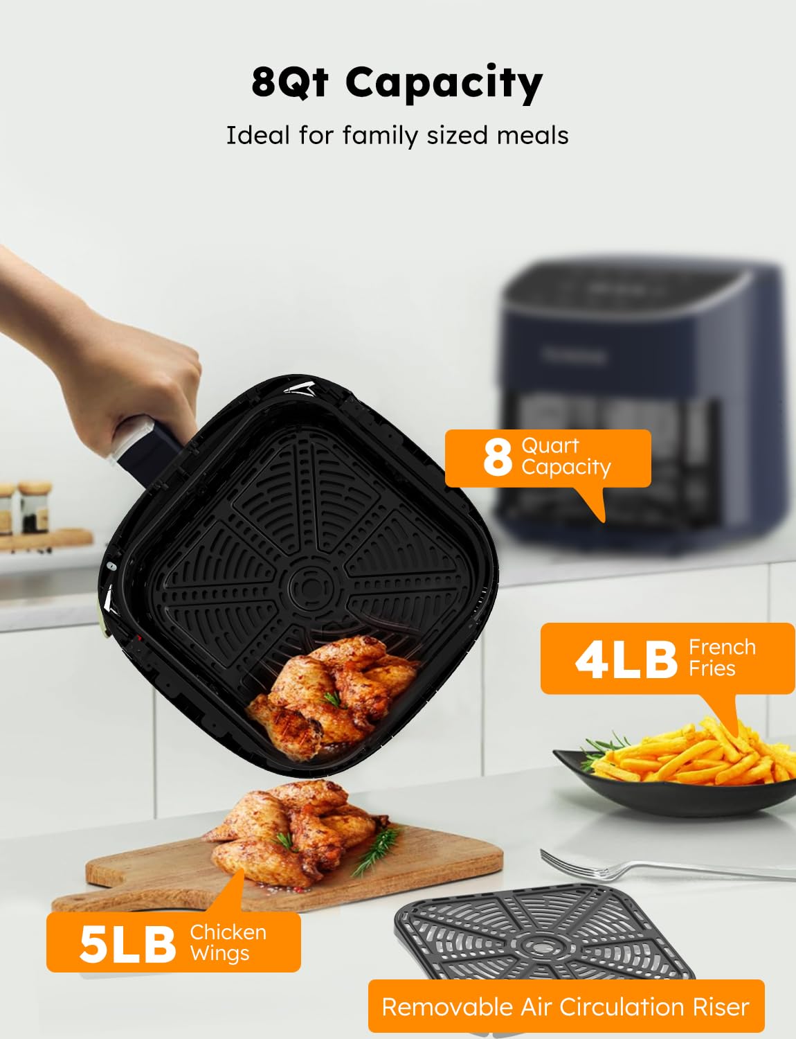 Nuwave Brio Plus 8 Qt Air Fryer, Pfas Free, New & Improved, Digital Touch Screen, Cool White Display, 50F~400F In Precise 5, 5 C