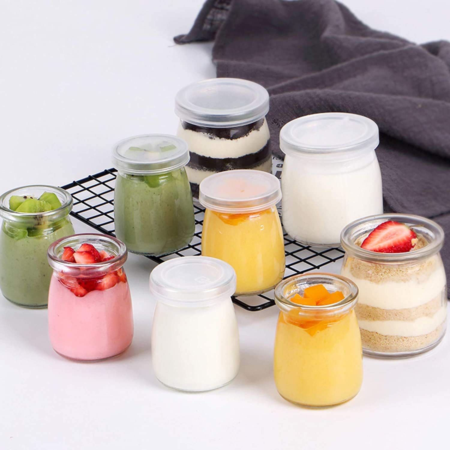 Ravizaa Mini Yogurt Clear Glass Jars, Glass Pudding Jars With Pe Lids, Set Of 8, Glass Containers Pot Ideal For Milk, Jam, Jelli
