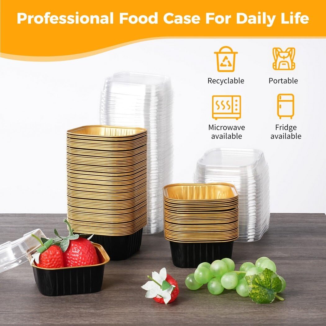 Homaisson 100 Pcs Aluminum Foil Cups, 5Oz Dessert Cups With Lids, Cupcake Liners Foil Baking Cup, Disposable Ramekins Muffin Ind