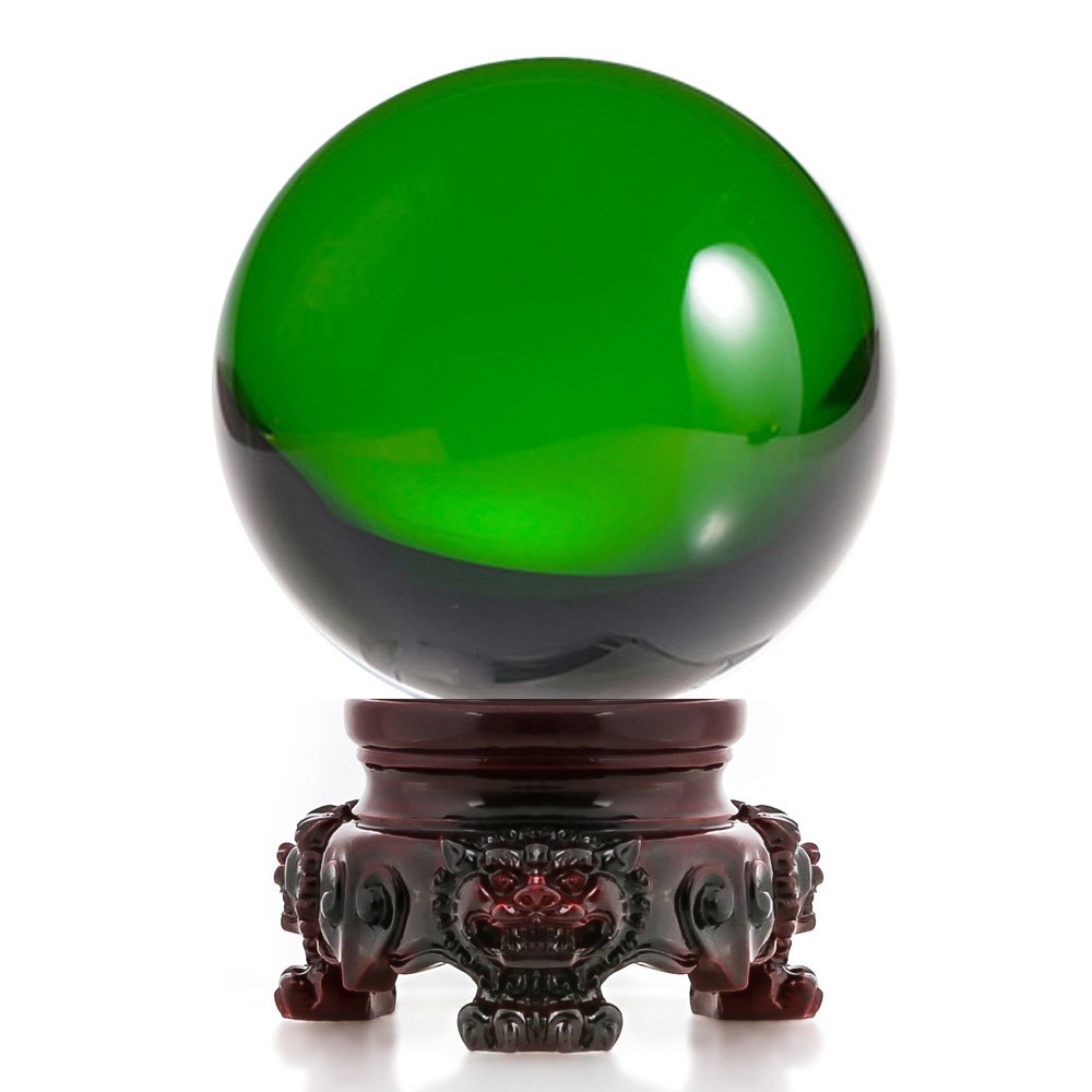 Amlong Crystal 3 inch (80mm) Green Crystal Ball with Redwood Lion Resin Stand and Gift Box for Decorative Ball, Lensball Photogr