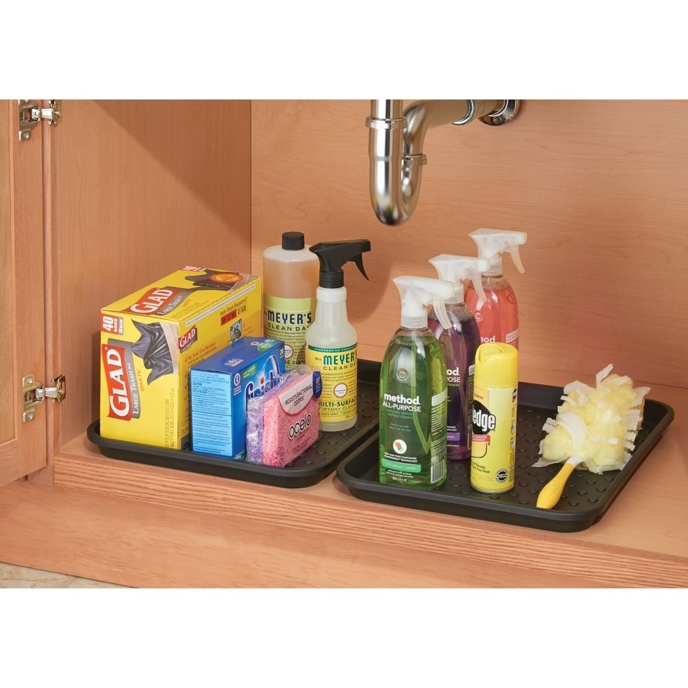 iDesign Plastic Under Sink Mat Tray for Kitchen Cabinet  Bathroom  Entryways  Office  Mudroom  College Dorm  (Set of 2)  17'' X 13'' X 2''  Black
