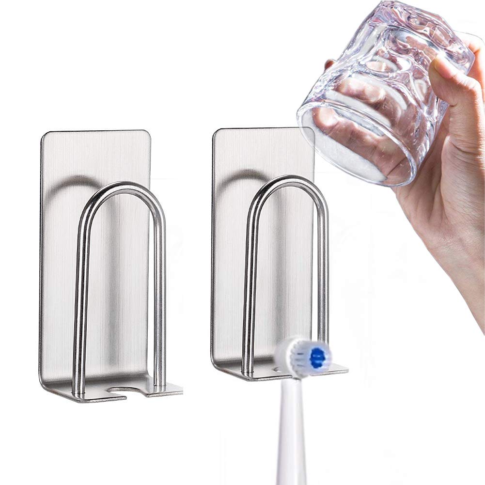 HANZE Toothbrush Holder 2 Pack self-Adhesive SUS 304 Stainless Steel Electric Toothbrush Hook Wall Mounted Razors Cup Holder for