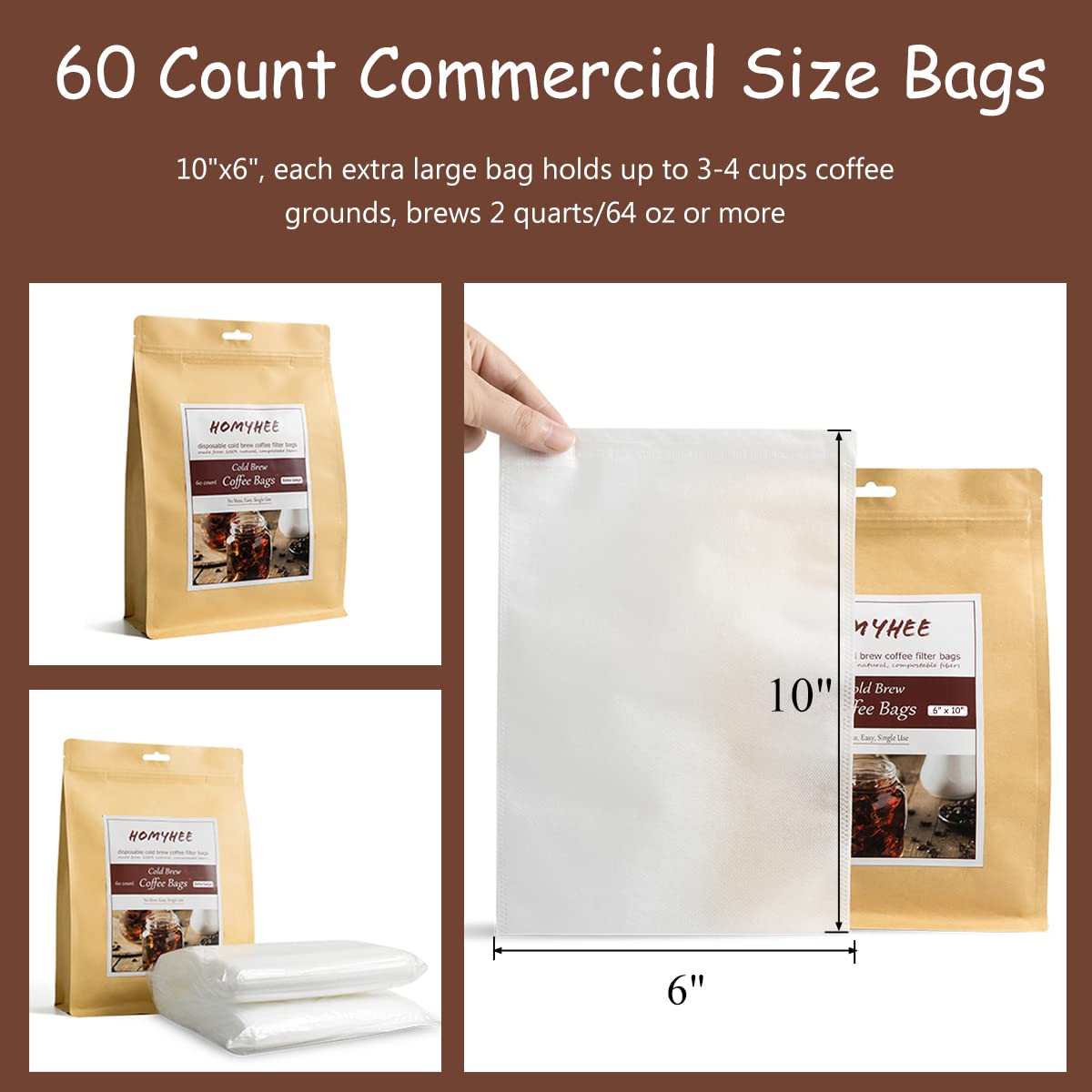 Homyhee Cold Brew Coffee Bags 60 Count Disposable Fine Mesh Brewing Bags For Concentrate/Iced Coffee Maker, French/Cold Press Ki