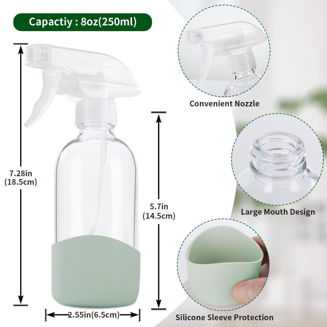 Hombys 8 Oz Empty Clear Glass Spray Bottles With Silicone Sleeve Protection Refillable Containers For Cleaning Solutions, Essent
