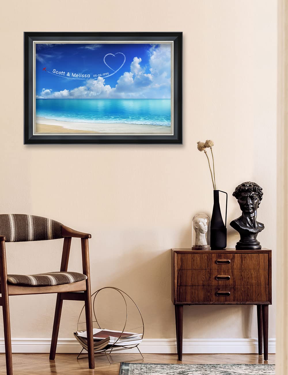 Ipic - Seaside Skywriting Personalized Framed Wall Art With Names And Date On, Giclee Prints Framed With Solid Wood, Custom Memo