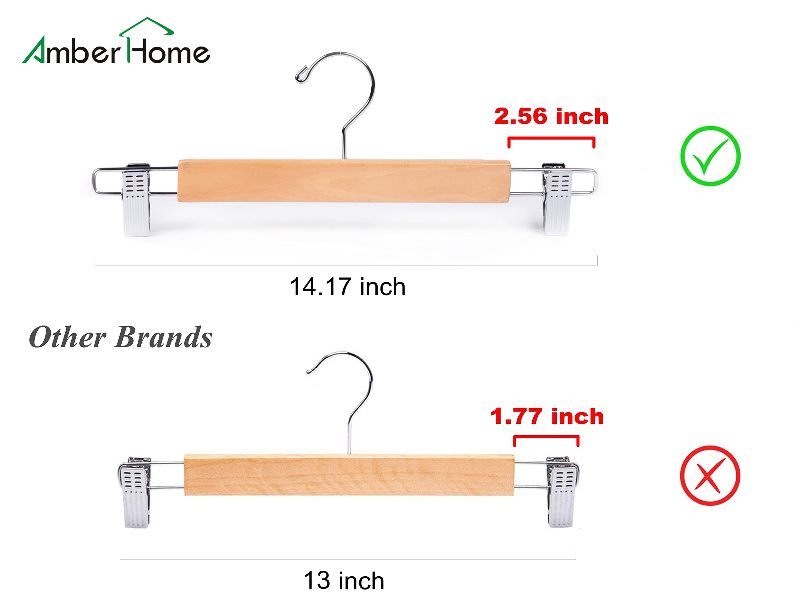 Amber Home 14.17'' Solid Natural Wooden Pant Skirt Hangers 10 Pack, Bottom Hangers For Slacks Trousers Jeans With 2-Adjustable A