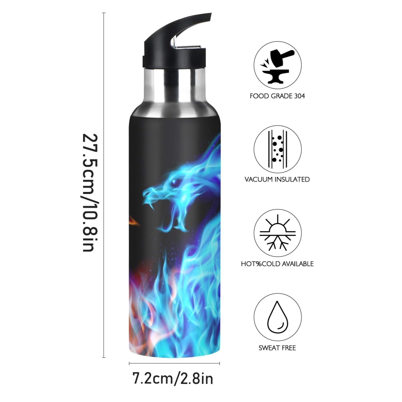 Qilmy 3D Printing Dragon Water Bottle Vacuum Insulated Stainless Steel Water Bottles With Straw Lid Leakproof Wide Mouth Water F