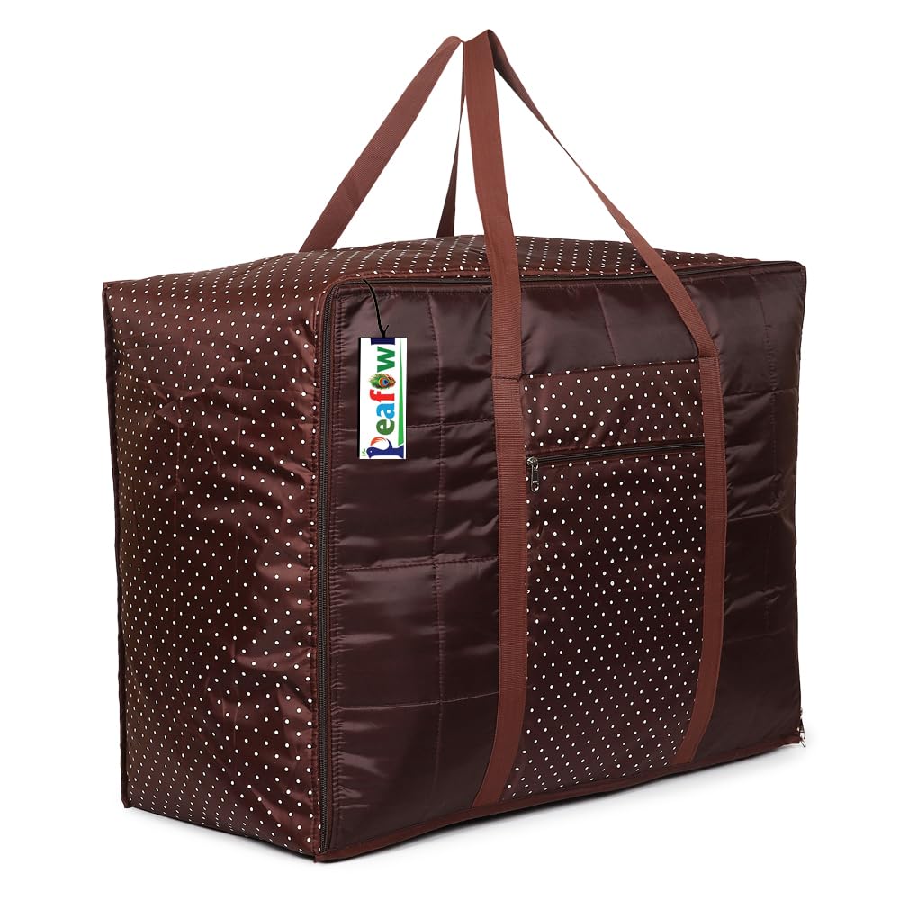 Peafowl Multipurpose Storage Bag, Brown With White Polka Dots, Large, Parachute Material, Rectangular, Zippered Closure, For Dou