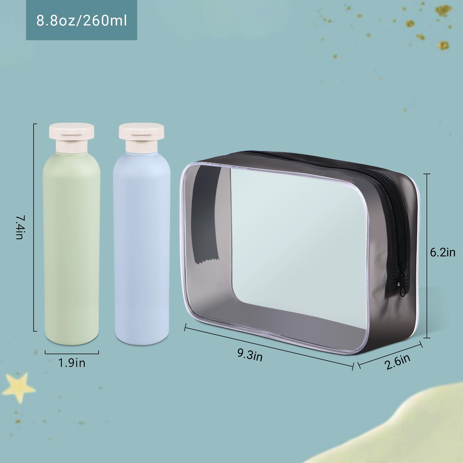 Asevat 8.8 Oz Leak Proof Travel Bottle With Flip Cap, Shampoo And Conditioner Bottle Set, Refillable Containers For Lotion, Crea