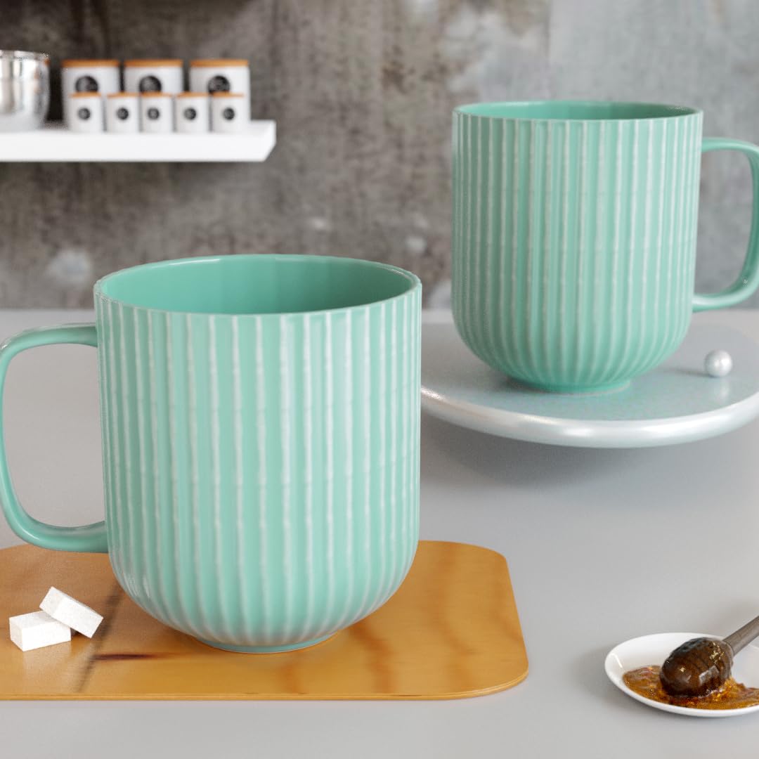 The Earth Store Microwave Safe Pastel Fringe Green Coffee Mug Set of 2 Ceramic Milk Mug with Handle Best Gift to Friends, Annive