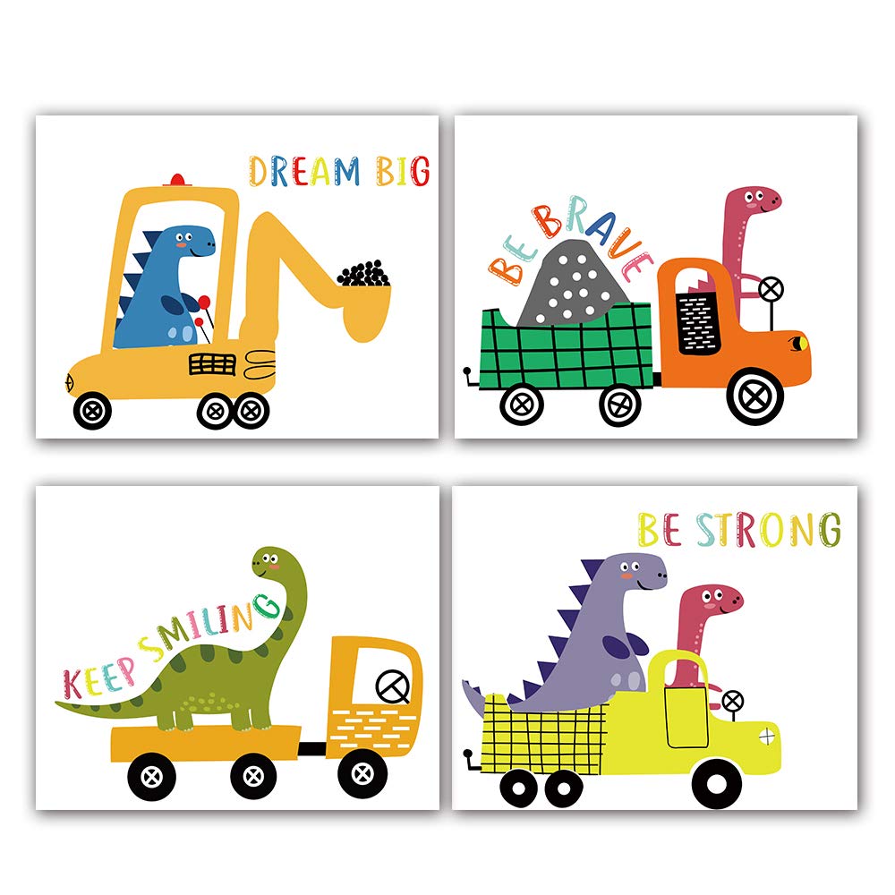Funny Colorful Cute Dinosaur Truck Inspirational Quotes Art Print Humorous Quotes Painting, Dinosaur Wall Art Canvas Poster For