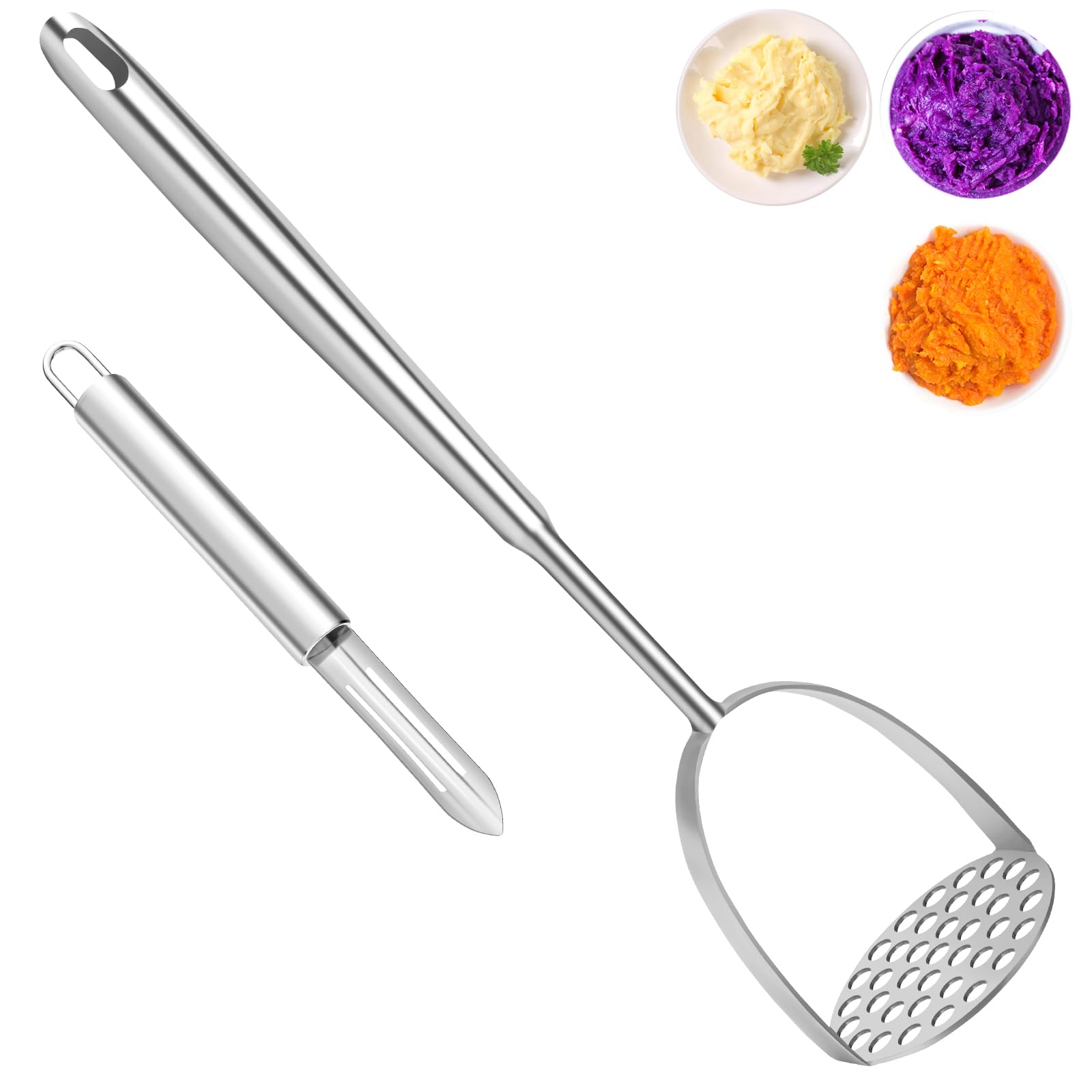 VOOVAO Long Handles Potato Masher with Peeler, Easy to Clean 304 Stainless Steel Mashers for Potatoes