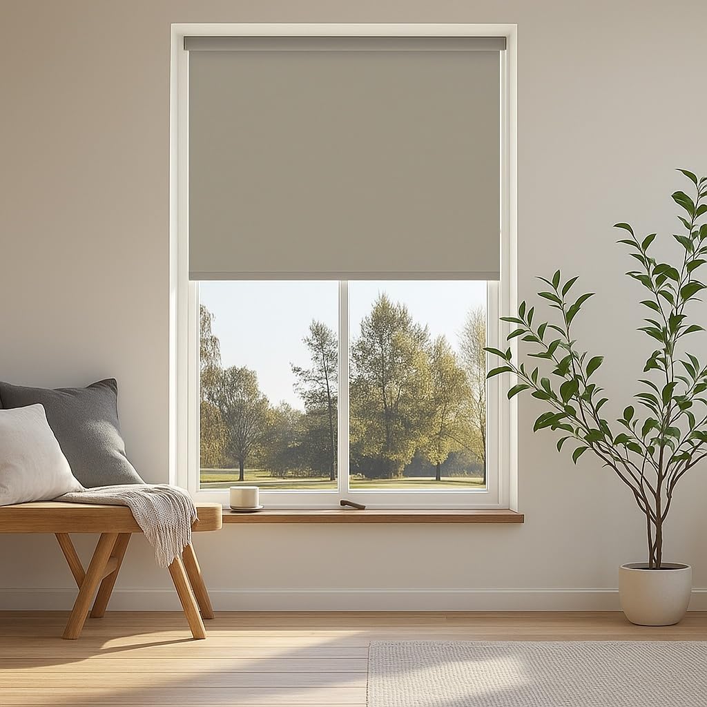 Amazon Basics 100% Blackout Roller Blinds For Windows (2 Feet X7 Feet Wxh, Fossil) | Polyester | Manual Roll-Up | Uv & Glare Pro