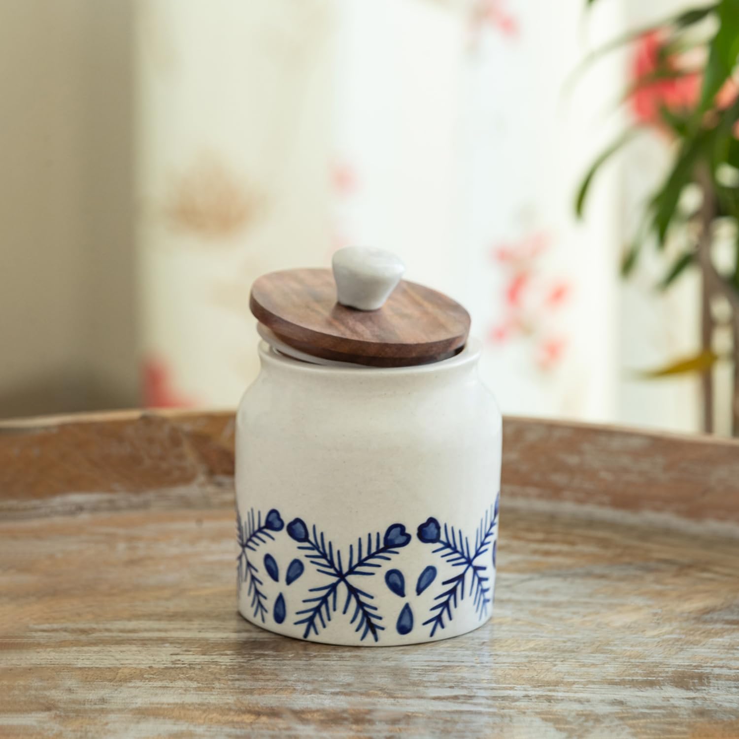 Exclusivelane Royal Mughal MultiUtility Airtight Ceramic Jars For Kitchen Storage With Wooden Lid Ceramic Containers For Pick