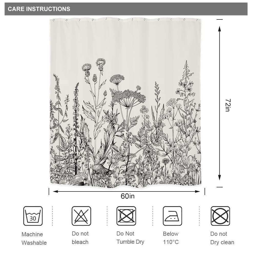 Riyidecor Wild Floral Shower Curtain Botanical Herbs Tulip Plant Nature Blossom Flower Leaf Sketch Gross Waterproof Fabric 60Wx7