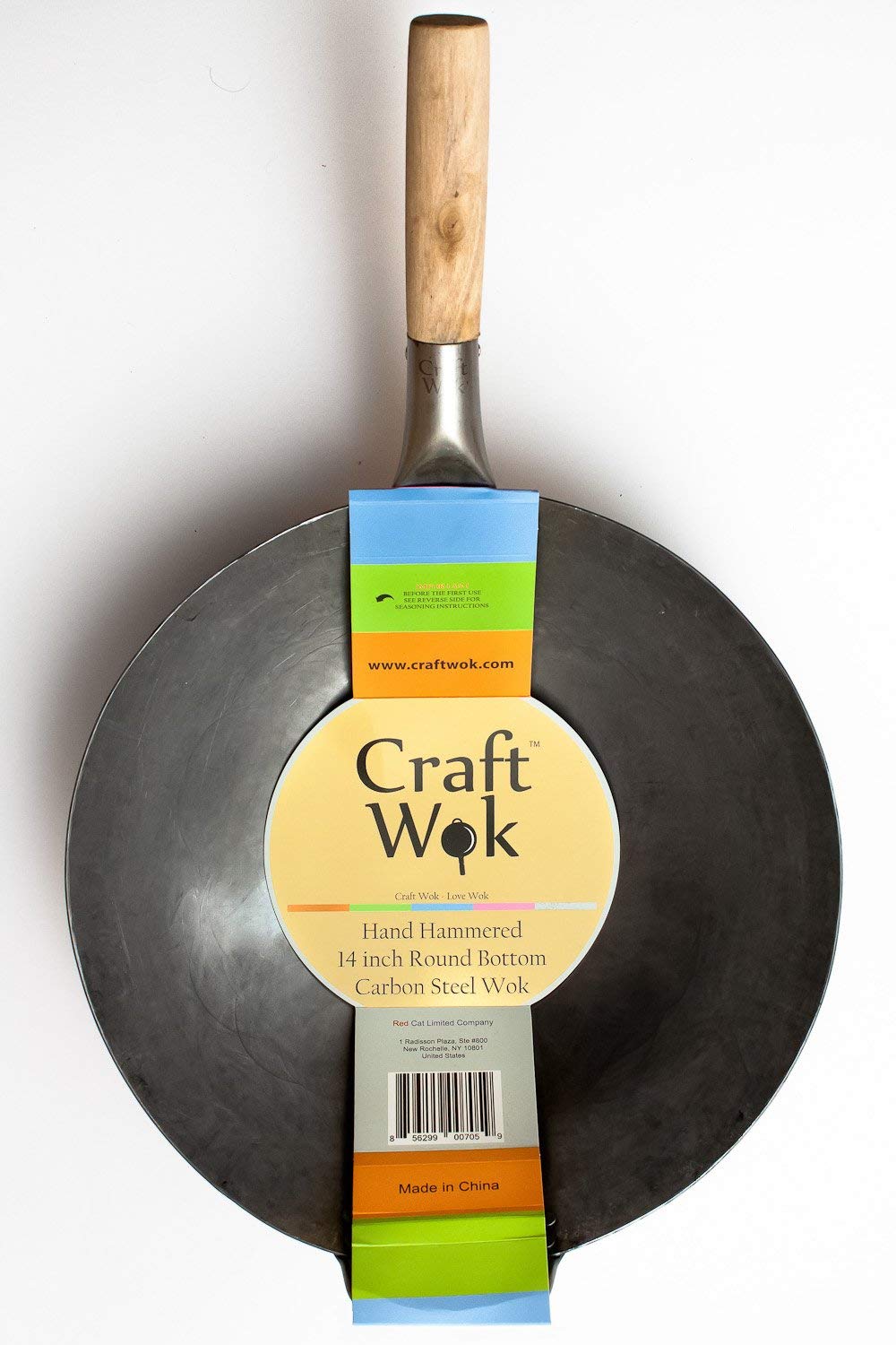 craft Wok Traditional Hand Hammered carbon Steel Pow Wok with Wooden and Steel Helper Handle (14 Inch  Round Bottom)  731W88