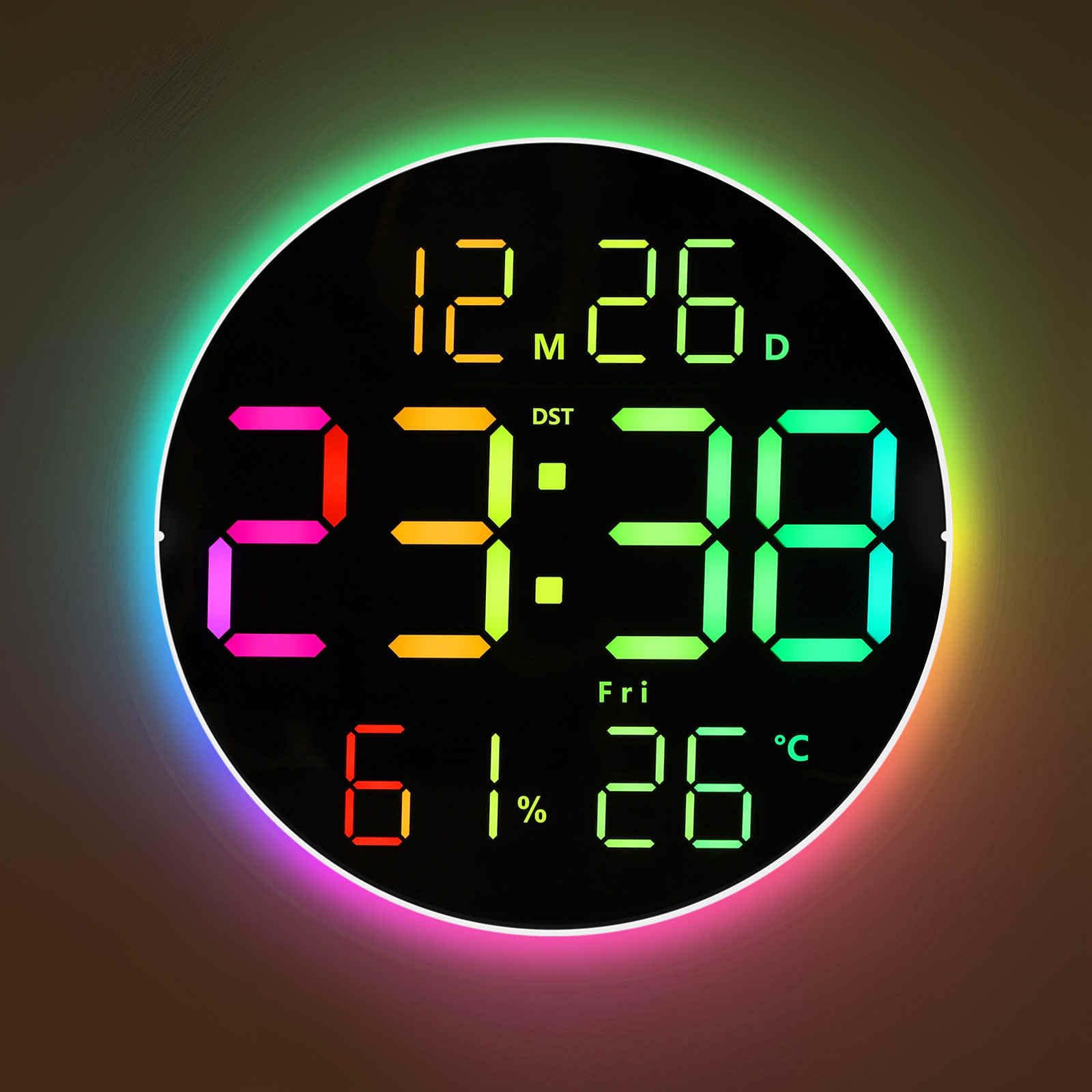 Glokuuca 10 Inch Large Digital Wall Clock With 13 Color Changing Remote Control, Date Week Temperature, Auto Brightness Dimmer B