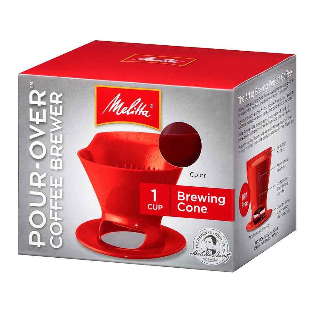 Melitta 640820 Ready Set Joe Filter Cone Pourover Cone Manual Brewer, One Cup Brewer, Red