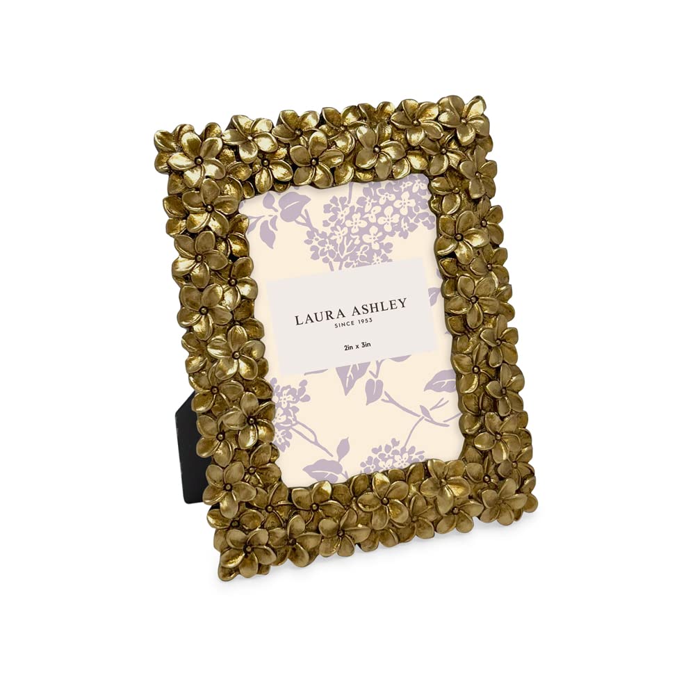 Laura Ashley 2x3 Gold Flower Textured Hand-Crafted Resin Picture Frame w/Easel & Hook for Tabletop & Wall Display, Decorative Fl