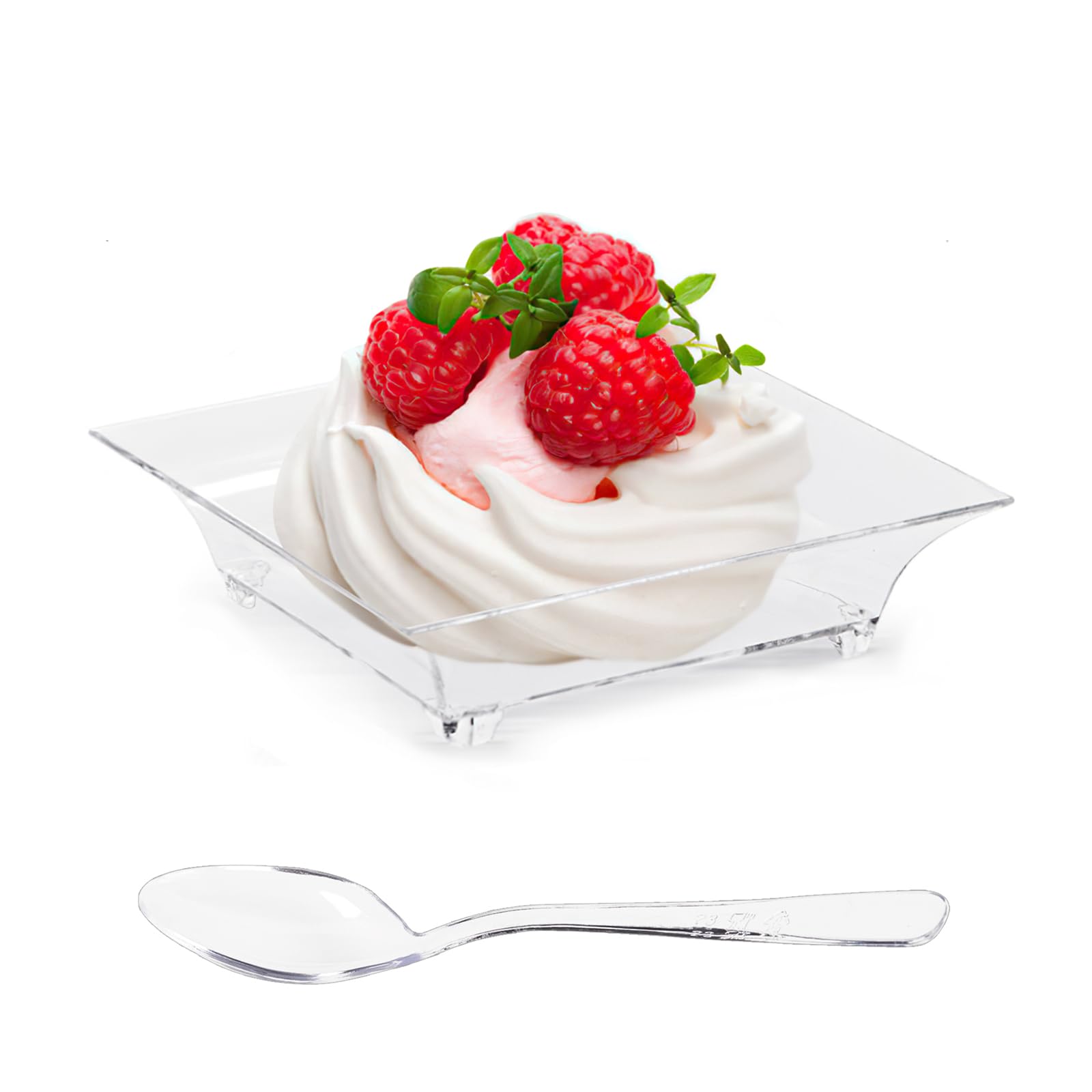 TOFLEN 100ct 1 oz Mini Dessert Plates with Tasting Spoons - Reusable Clear Plastic Square Party Serving Trays Mini Plates for Appetizers  Chocolates  Ice Cream  Fruit and More