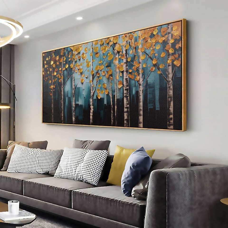 Framed Wall Art Golden Autumn Scene Nature Decor Canvas Print Gold Abstract Tree Painting Picture Artwork Framed For Living Room