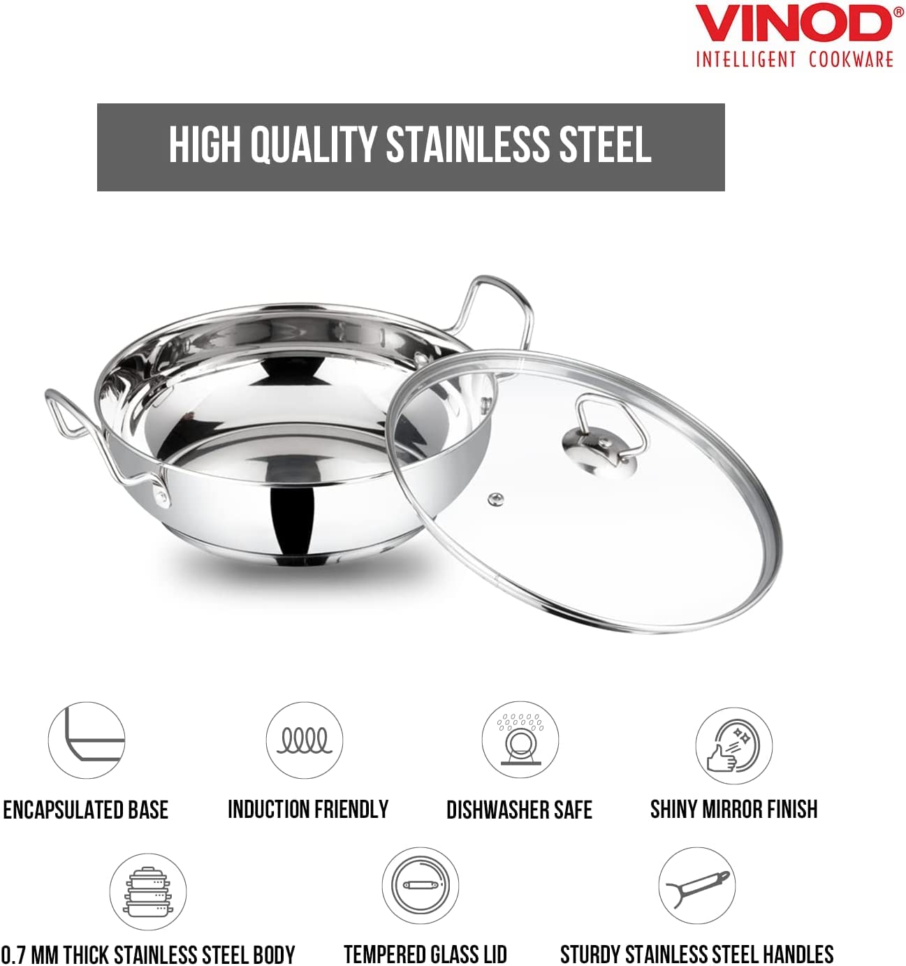 Vinod Stainless Steel Induction Base Kadai Wok With Glass Lid Frypan All Hobs | Size :- 30Cm (Capacity 5.8 Litres) (Induction Fr