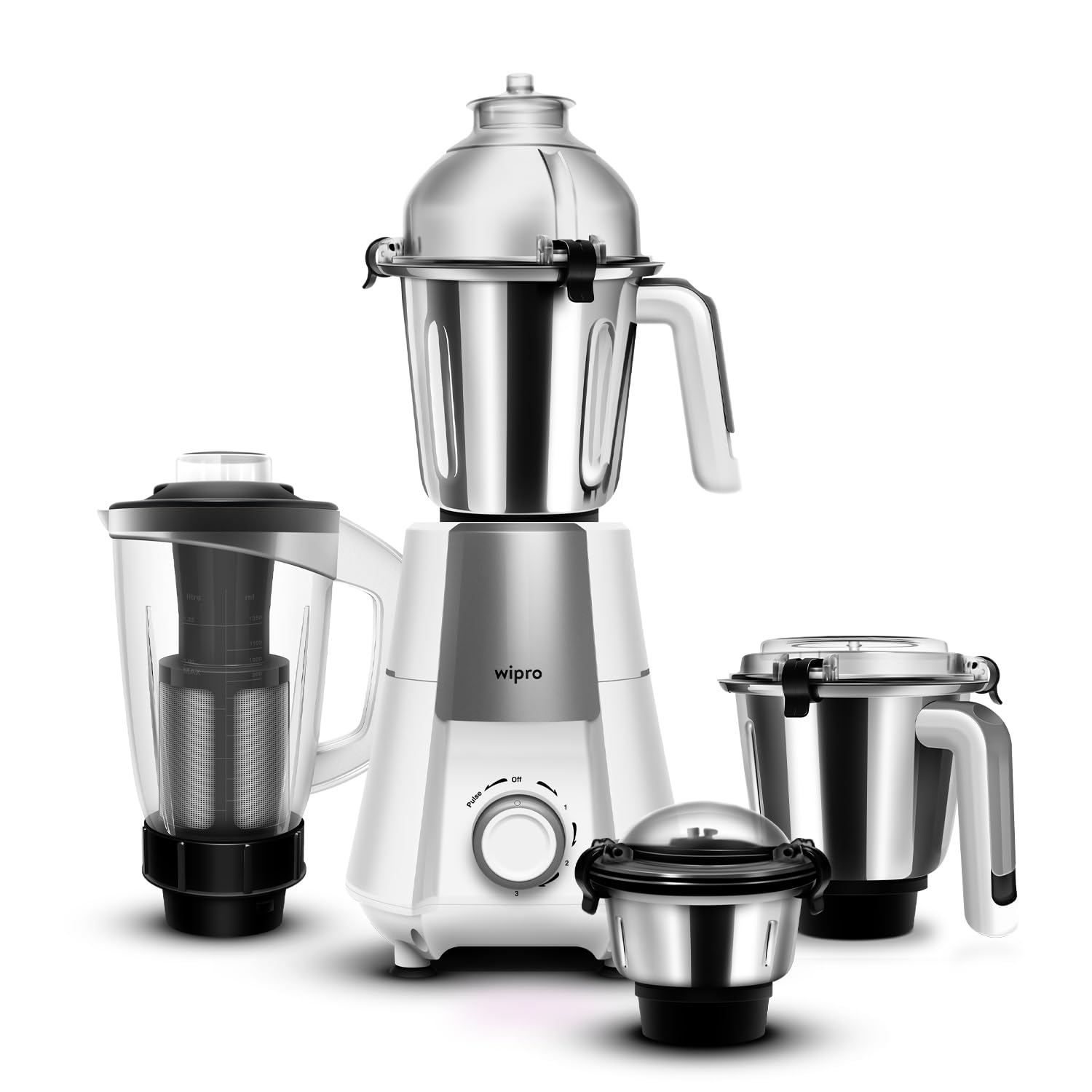 Wipro Elato Divine Fmg 213 800 Watt Mixer Grinder With 4 Jars,Heavy Duty 100% Copper Ball Bearing Motor With 5 Year Warranty,Sup
