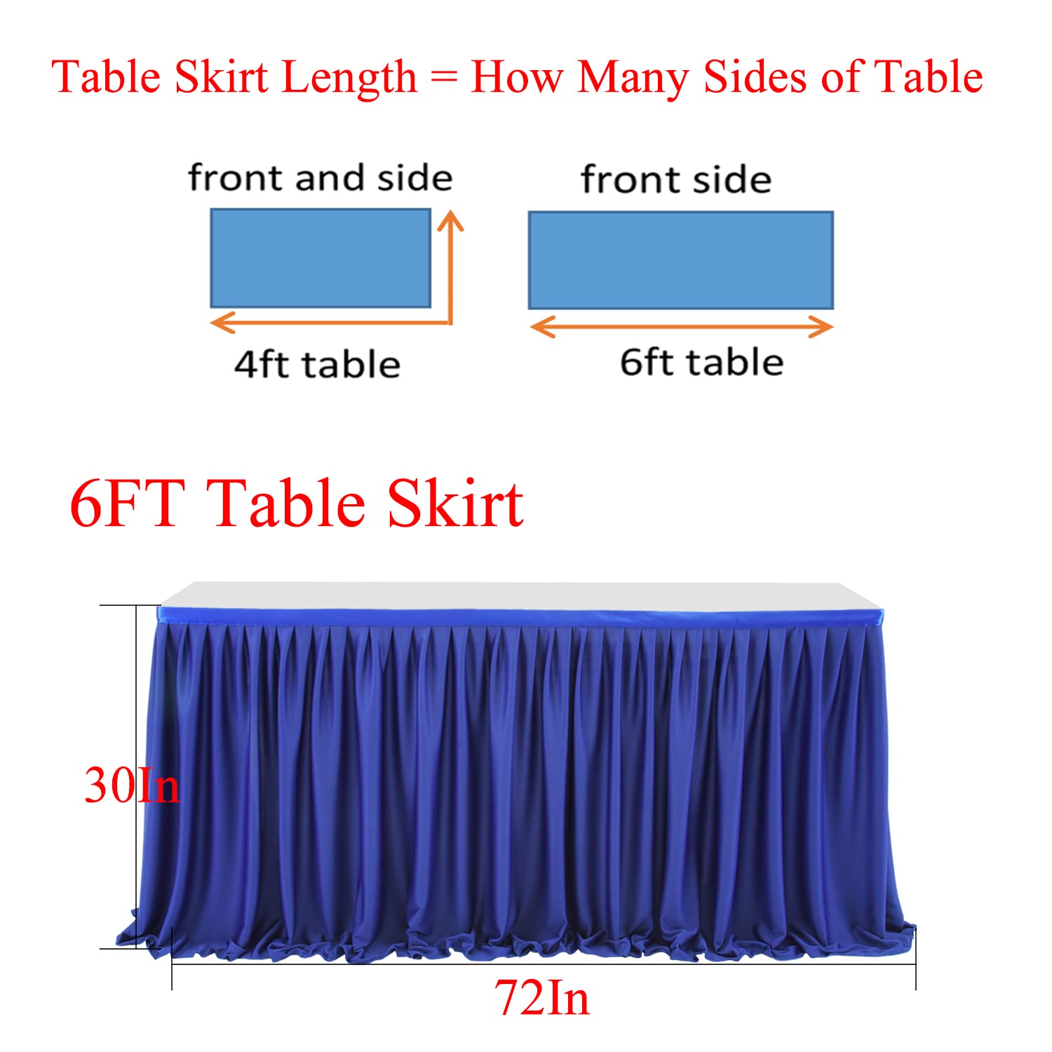 6ft Royal Blue Table Skirts for Rectangle Tables Polyester Table Skirt Ruffle Tablecloth for Birthday Party Banquet Royal Blue Theme Party Wedding Bridal Shower Table Decorations