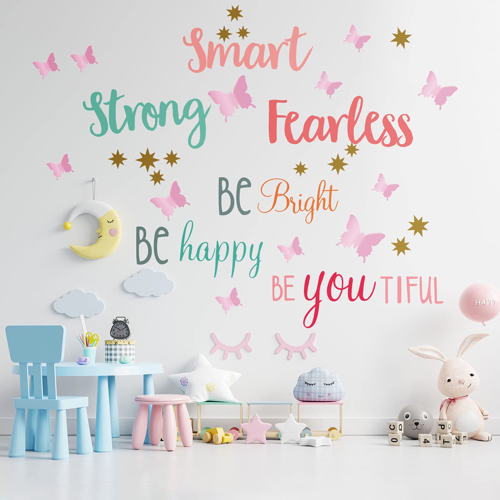 20 Sheets Inspirational Wall Decals Girl Quote Set 12 Sheets 3D Butterfly, Smart Strong Fearless, Be Bright, Be Happy, Beyoutifu