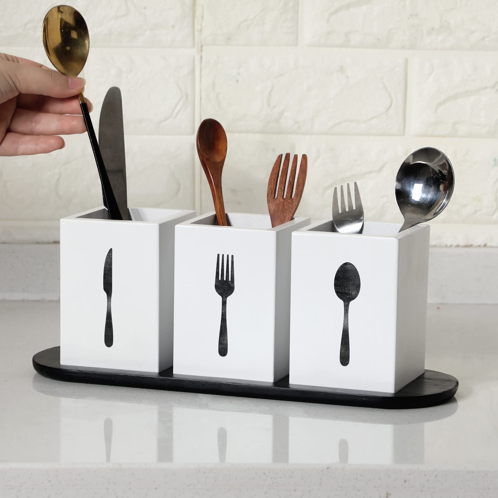 Kathfly 4 Pcs Silverware Caddy Utensil Holder For Countertop Silverware Organizer With Wood Tray Spoon Fork Holder For Kitchen P