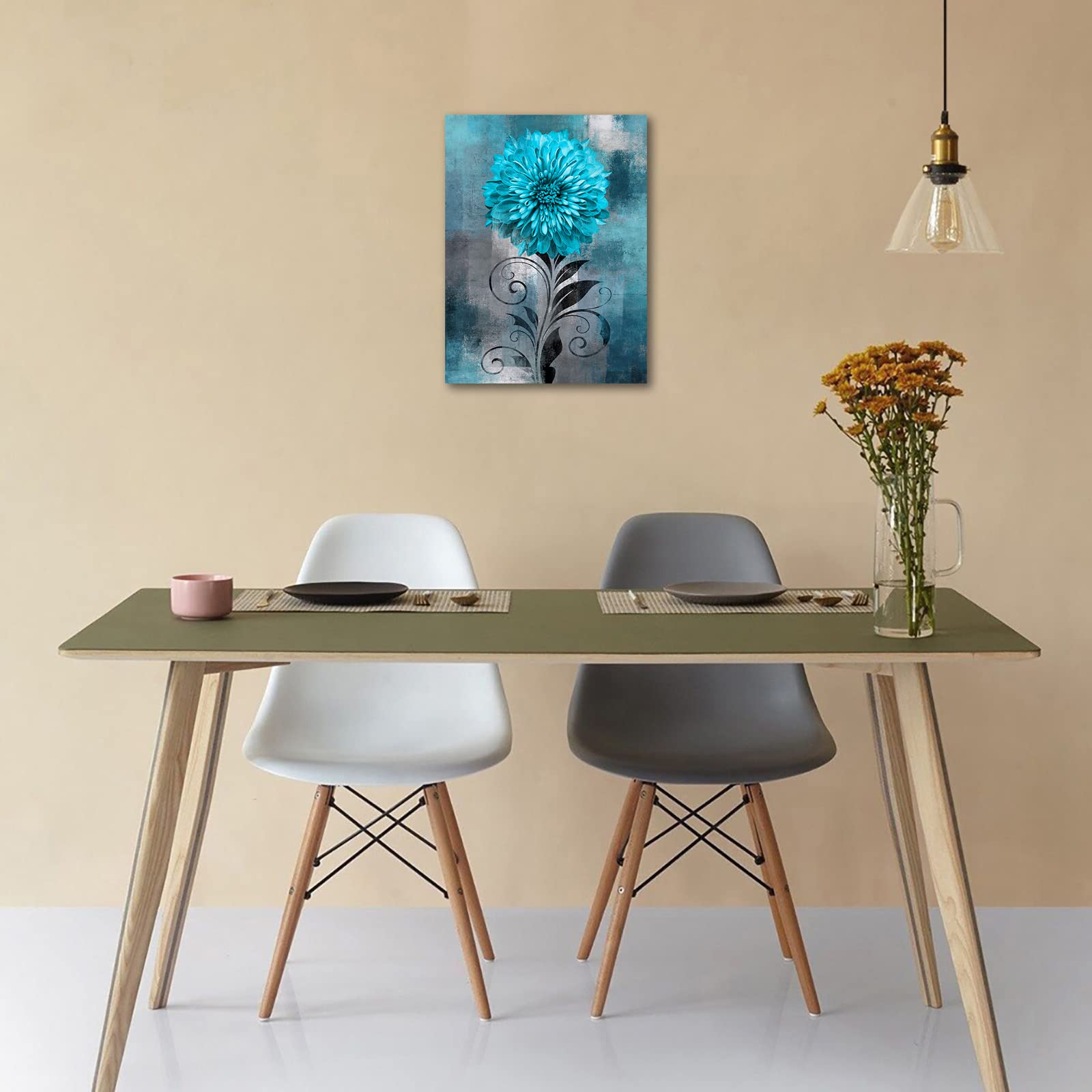 Nineaso Abstract Flowers Wall Art Teal Flower Canvas Pictures Rustic Blossom Canvas Painting For Bedroom Bathroom Wall Decor Mod