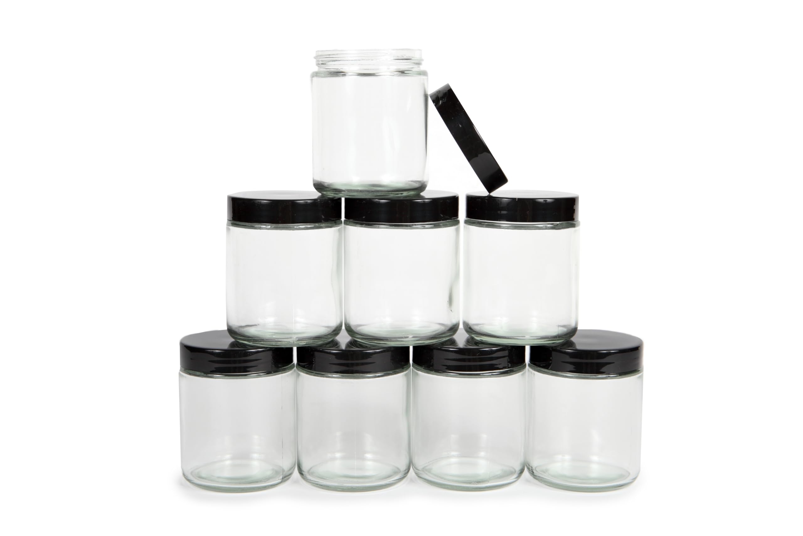 Vivaplex, Clear, 8 Ounce, Round Glass Jars, With Black Lids - 8 Pack