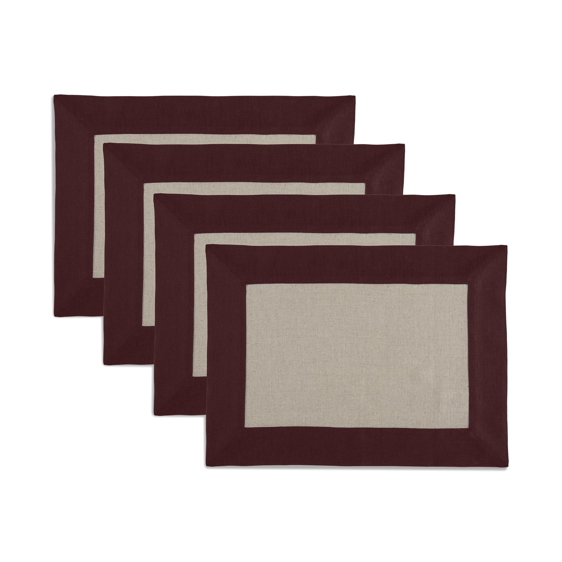 Solino Home Linen Placemats Set Of 4-100% Pure Linen Cloth Fabric Placemats Burgundy And Natural - 19'' L X 14'' W Inch Washable