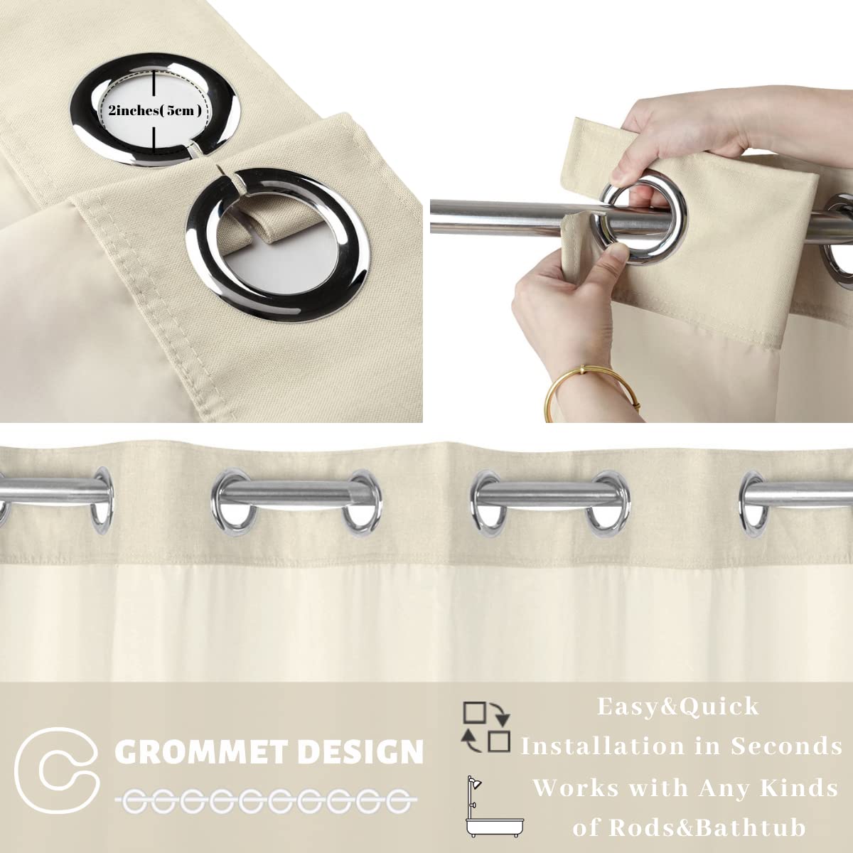 Ecoehoe 71W X79   H Fabric Hook Free Shower Curtain Long With Polyester Magnet Snap-In Liner-Top See Through With Mesh Window Li