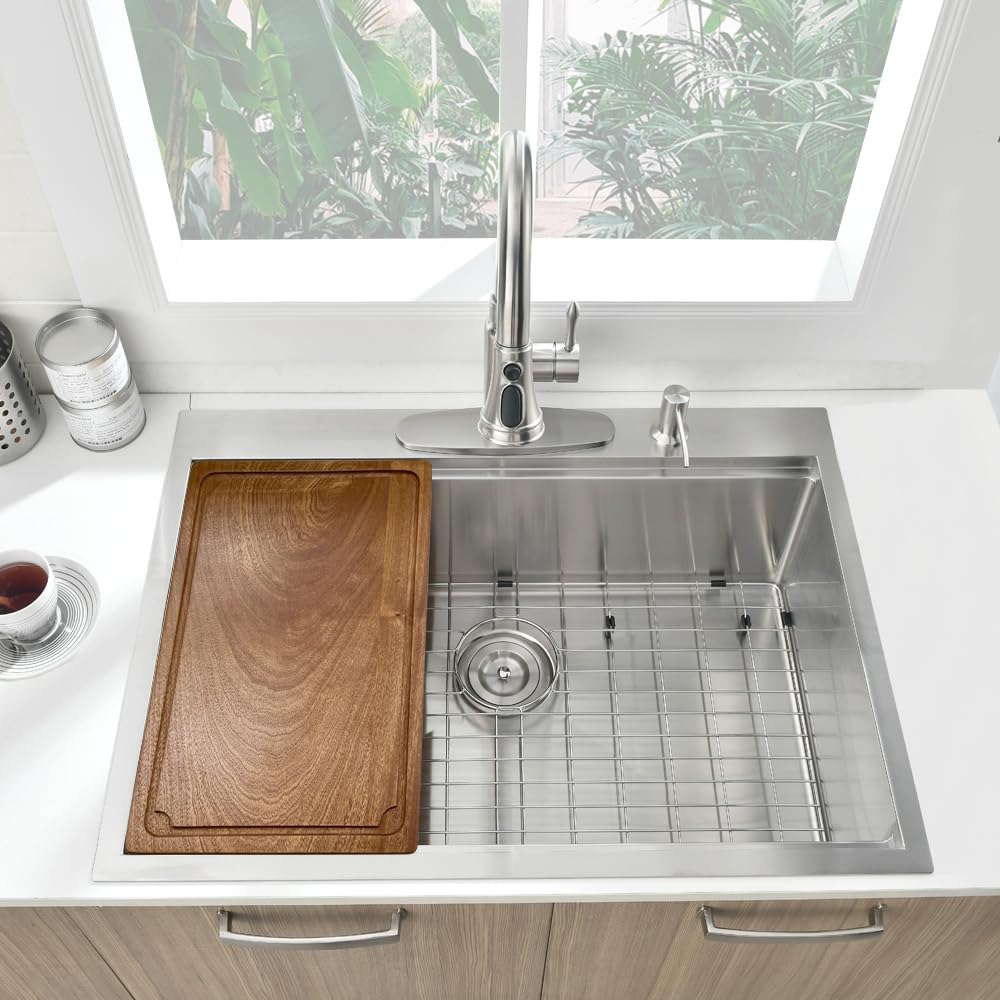 33-Inch Drop In Kitchen Sink Workstation, Boomhoze 33X19 Topmount Drop-In Kitchen Sink 16 Gauge Stainless Steel Kitchen Sink Han