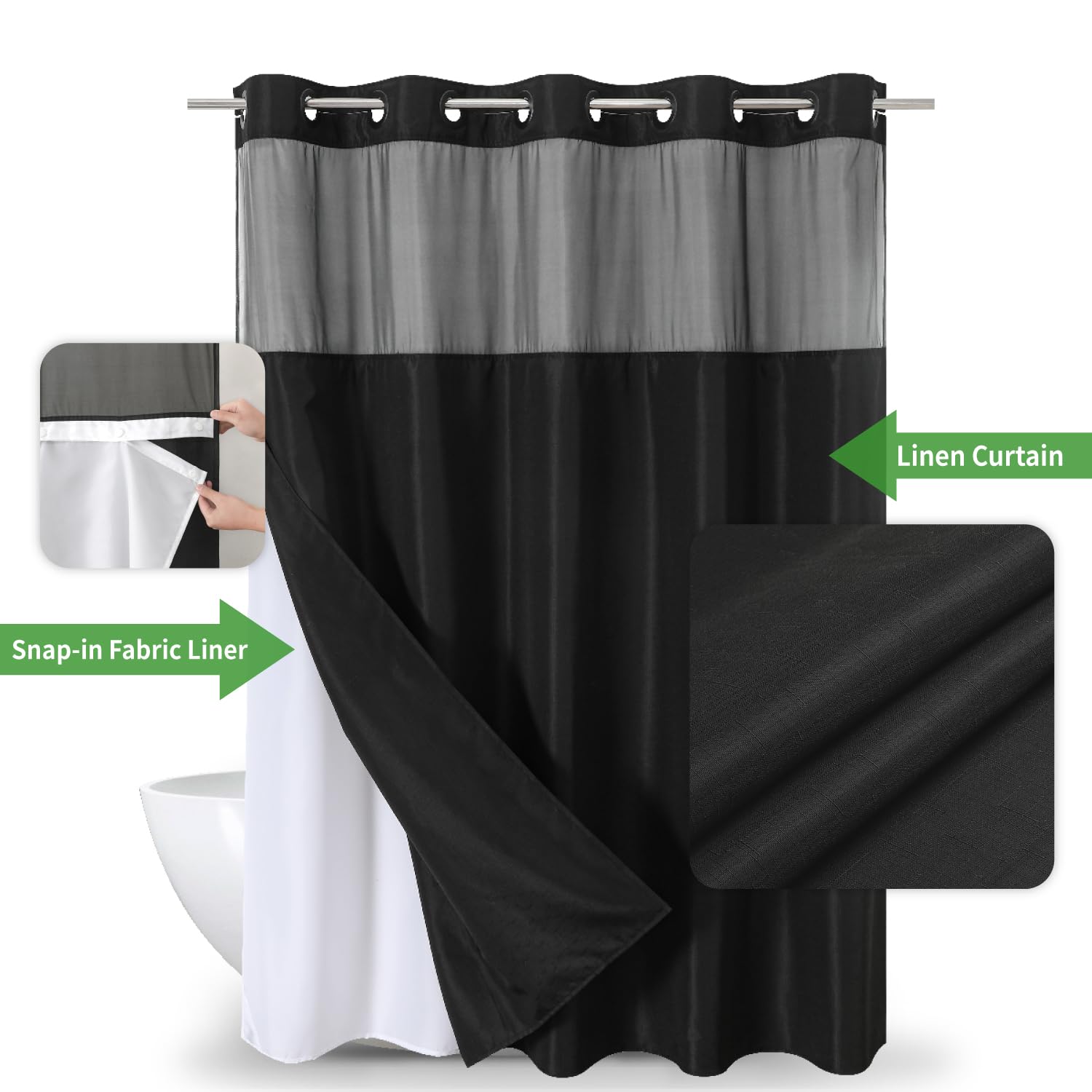 Eachope Long No Hooks Needed Linen Textured Shower Curtain With Snap-In Fabric Liner Set,Black Hotel Luxury Decor Shower Curtain