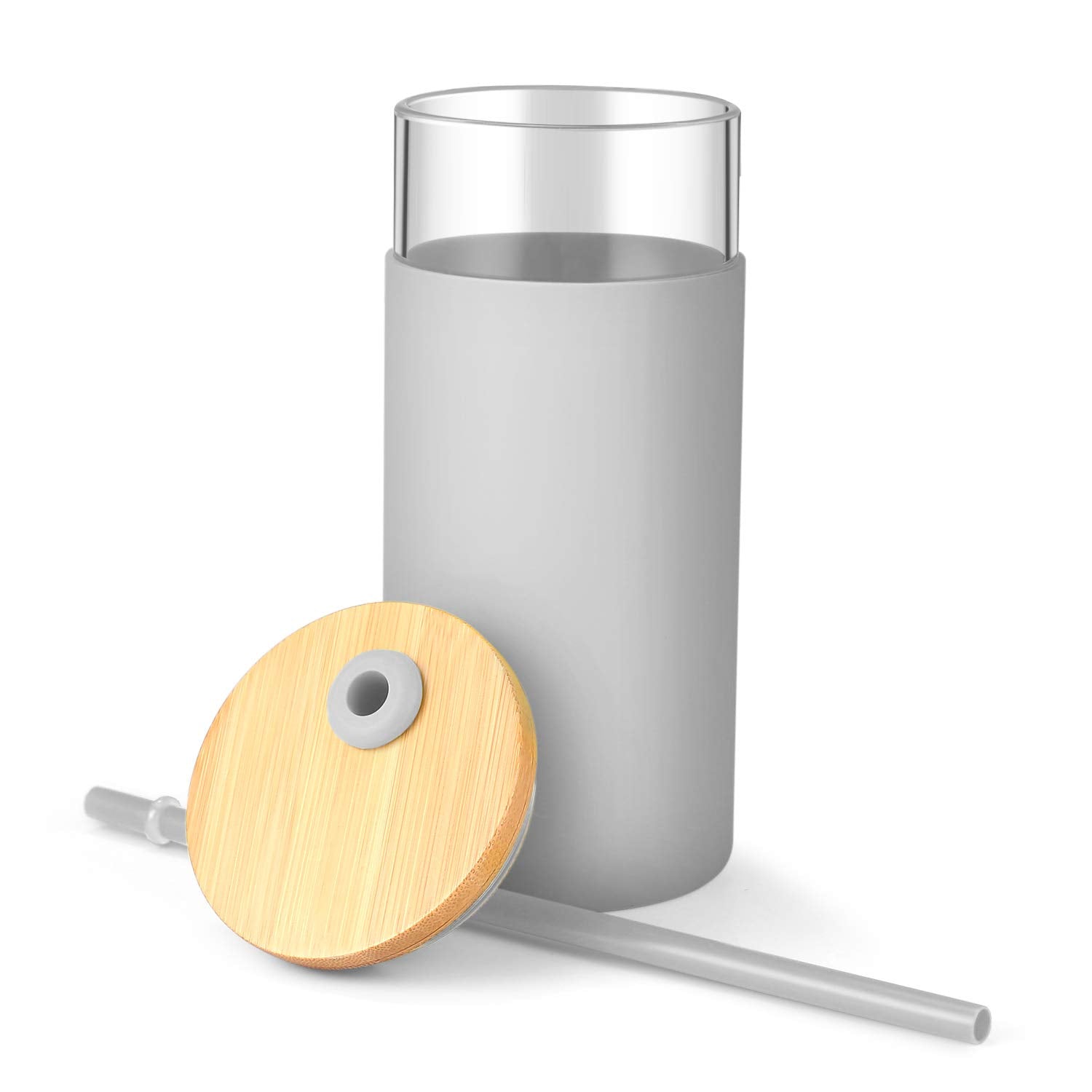 Tronco 20Oz Glass Tumbler Glass Water Bottle Straw Silicone Protective Sleeve Bamboo Lid - Bpa Free (French Grey/ 1 Pack)