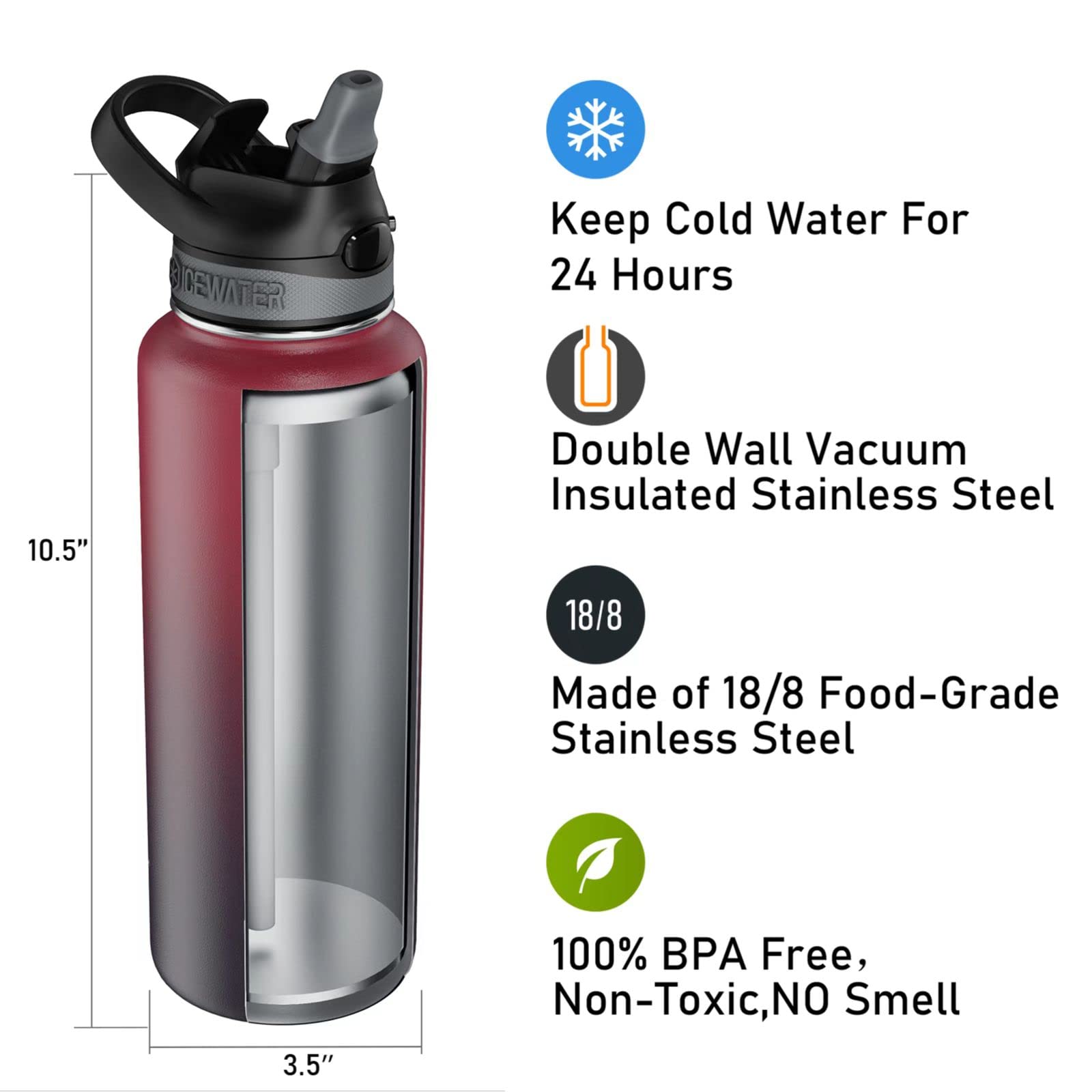 Icewater-32 Oz, Insulated Water Bottle With Straw And Carry Handle, Leakproof Lockable Lid With Soft Silicone Spout, One-Hand Op